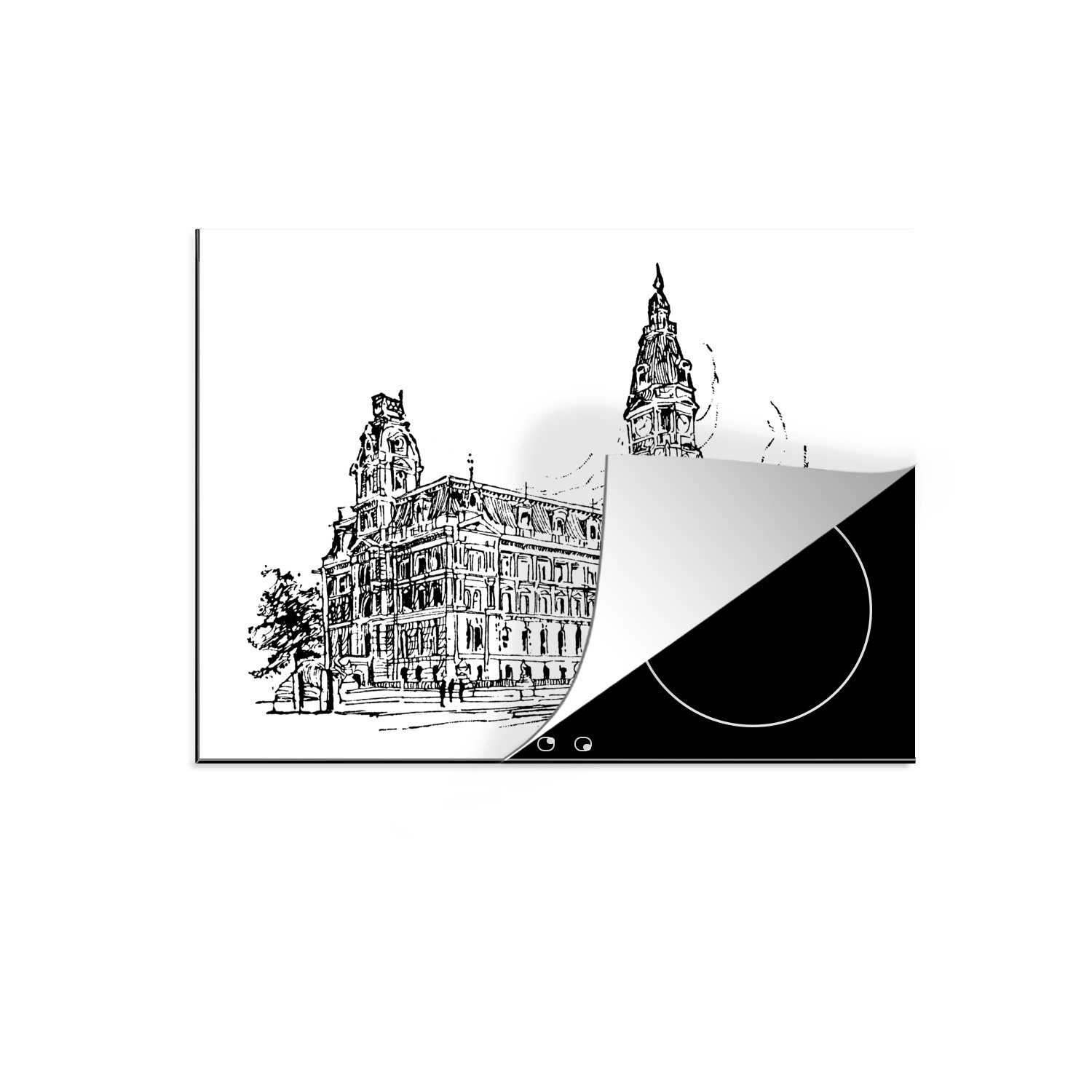 MuchoWow Herdblende-/Abdeckplatte Eine schwarz-weiße Illustration eines Gebäudes in der Stadt, Vinyl, (1 tlg), 70x52 cm, Mobile Arbeitsfläche nutzbar, Ceranfeldabdeckung