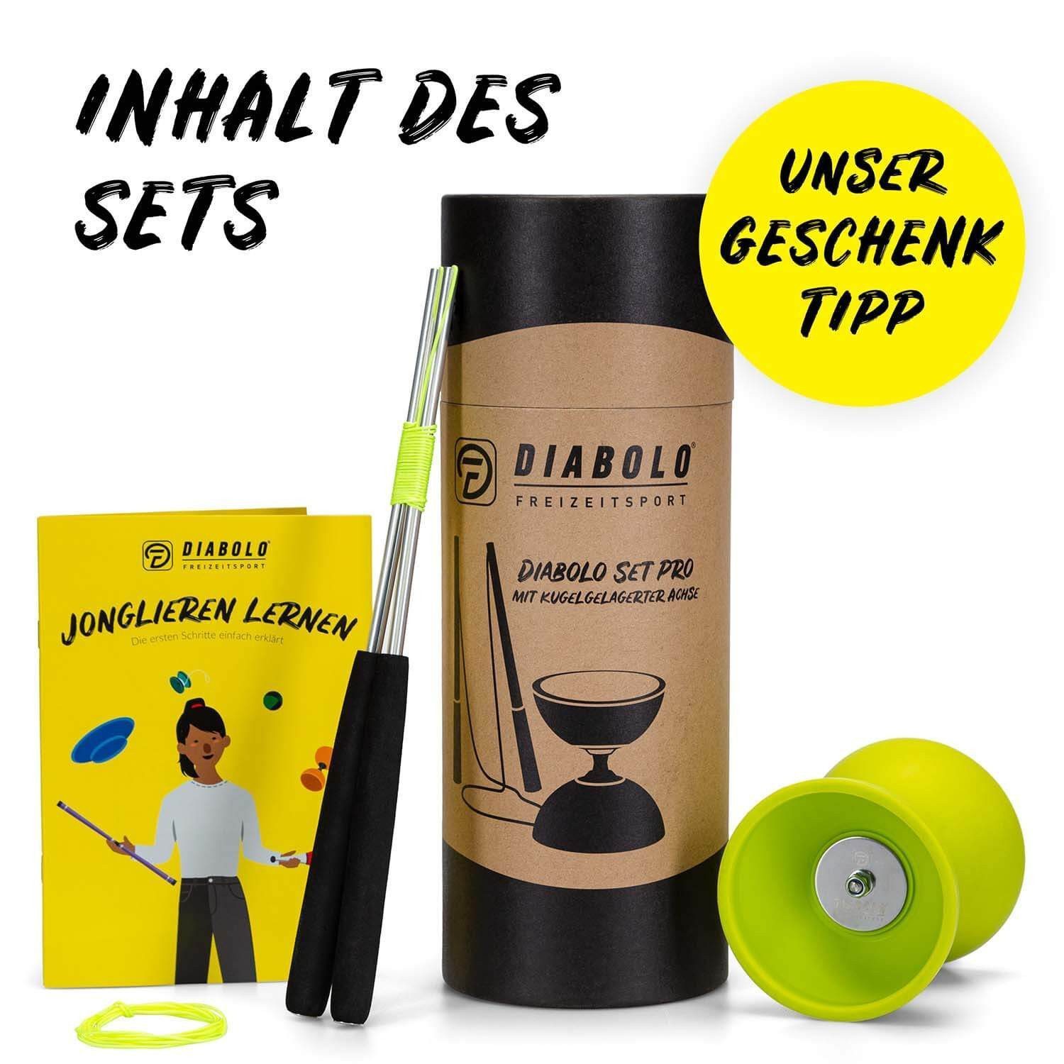 Diabolo Freizeitsport Diabolo Set Pro - inkl. Alu-Handstäben, Ersatzschnur, Anleitung, (Set, 1-tlg), Diabolo Set Pro (lime) Kugellager mit Alustäben für Kinder ab 5