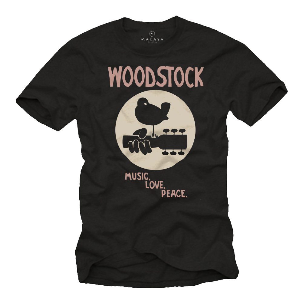 Musiker 80er 60er Motiv Jahre MAKAYA mit T-Shirt aus Schwarz Herren 70er Musik Baumwolle Woodstock Geschenke Druck,