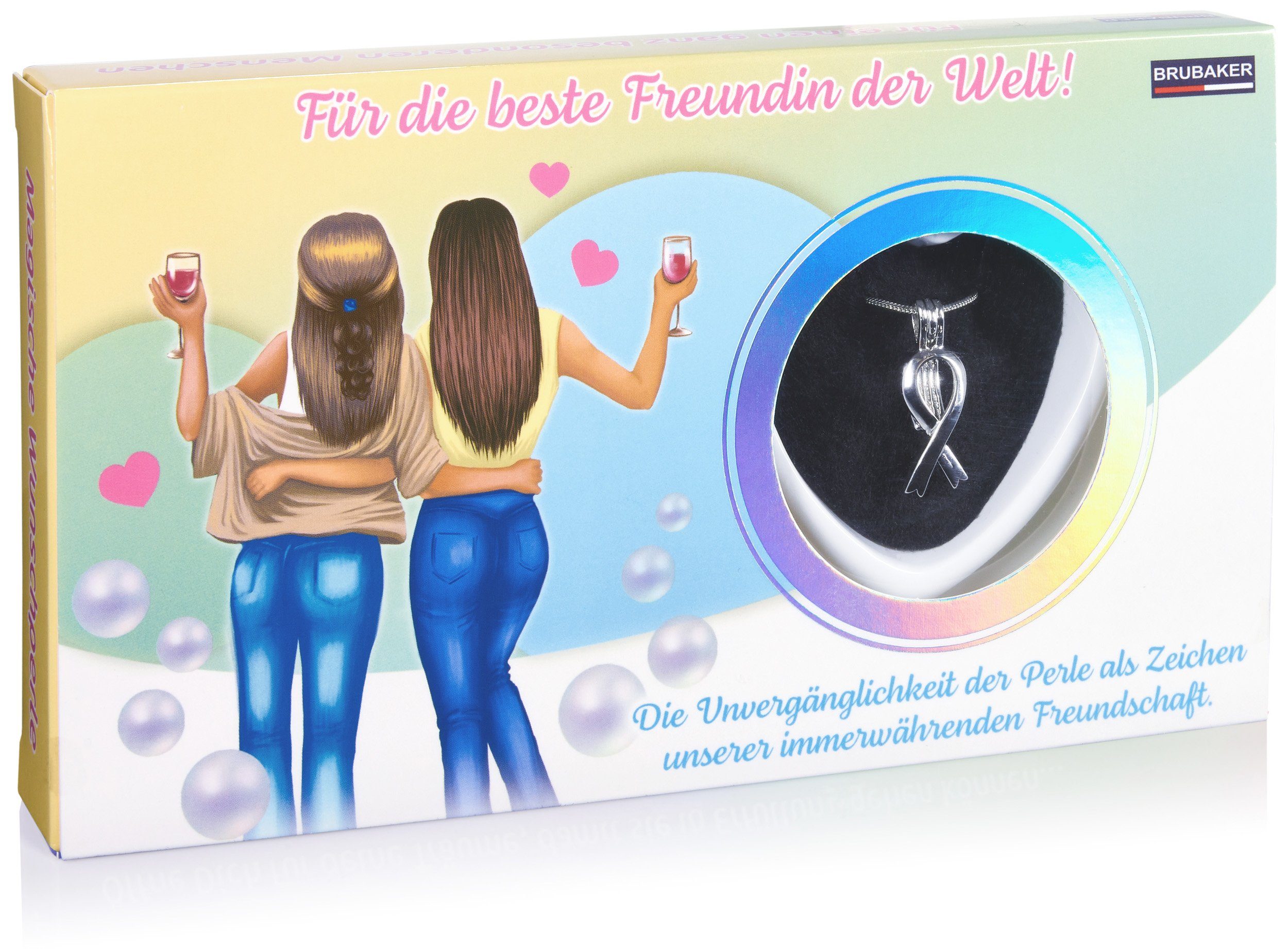 BRUBAKER Perlenketten-Set Wunschperle für die beste Freundin der Welt (Schmuck Geschenkset als Zeichen der Freundschaft, Set), Halskette mit Silber Anhänger + Muschel mit echter Perle