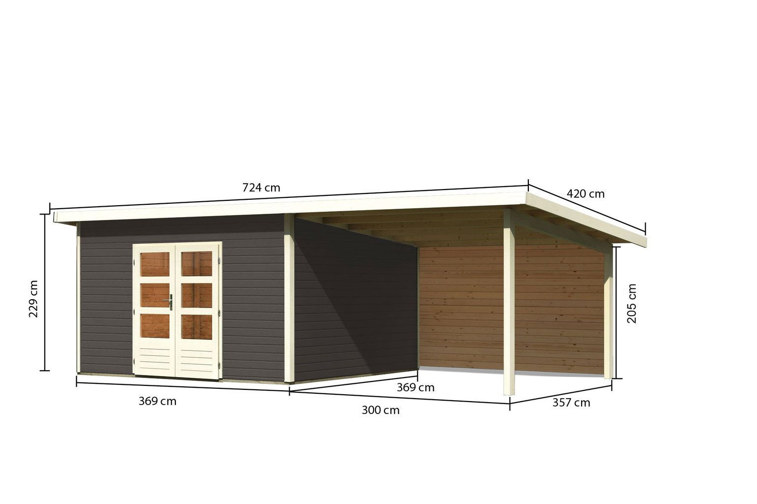 Karibu Gartenhaus Karibu Gartenhaus Northeim, 38 mm, 724 x 393 cm, Typ 5, terragrau, inkl. 3,3 m Anbaudach mit Rückw
