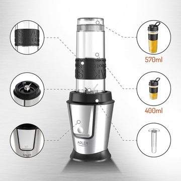 JUNG Smoothie-Maker ADLER AD4081 Smoothie Maker Standmixer elektrisch Smoothie Maker to go, 500,00 W, inkl 2x Trinkflaschen 570ml+ 400ml BPA-frei Milchshaker, Eiweißshaker