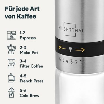 SILBERTHAL Kaffeemühle manuell, Kegelmahlwerk, 17,00 g Bohnenbehälter, Handmühle aus Edelstahl mit Ersatzglas und Reinigungspinsel