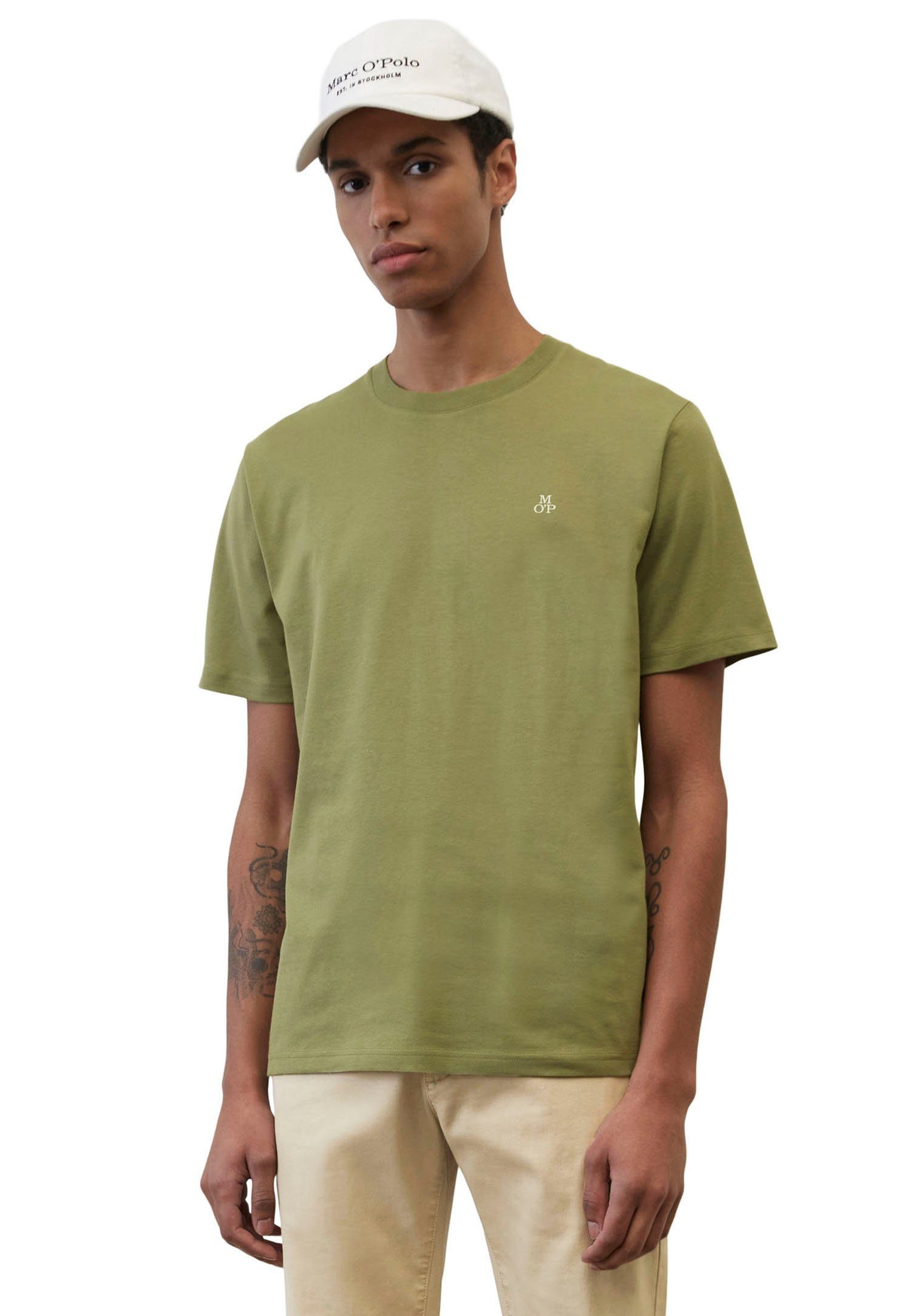 collar T-Shirt short oliv Marc O'Polo T-shirt, logo sleeve, ribbed print,