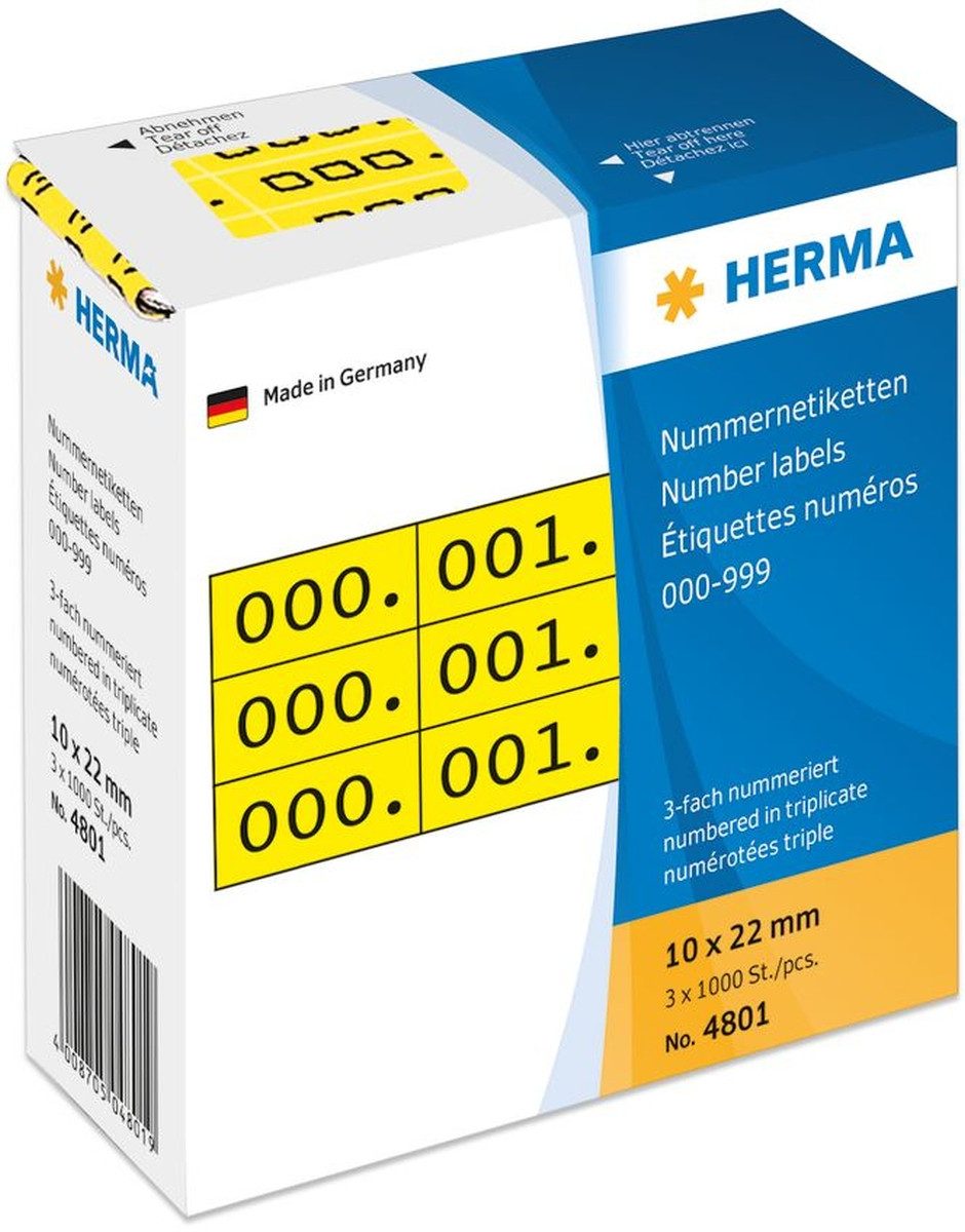 HERMA Etiketten Nummernetiketten dreifach selbstklebend gelb/schwarz VE=3x1000 Stück
