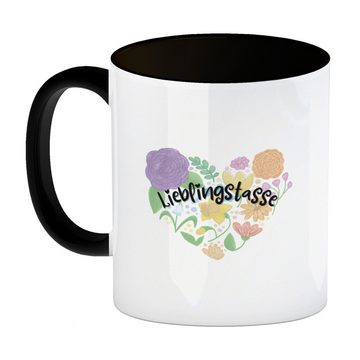 speecheese Tasse Lieblingstasse Kaffeebecher in schwarz mit Blumen in Herzform
