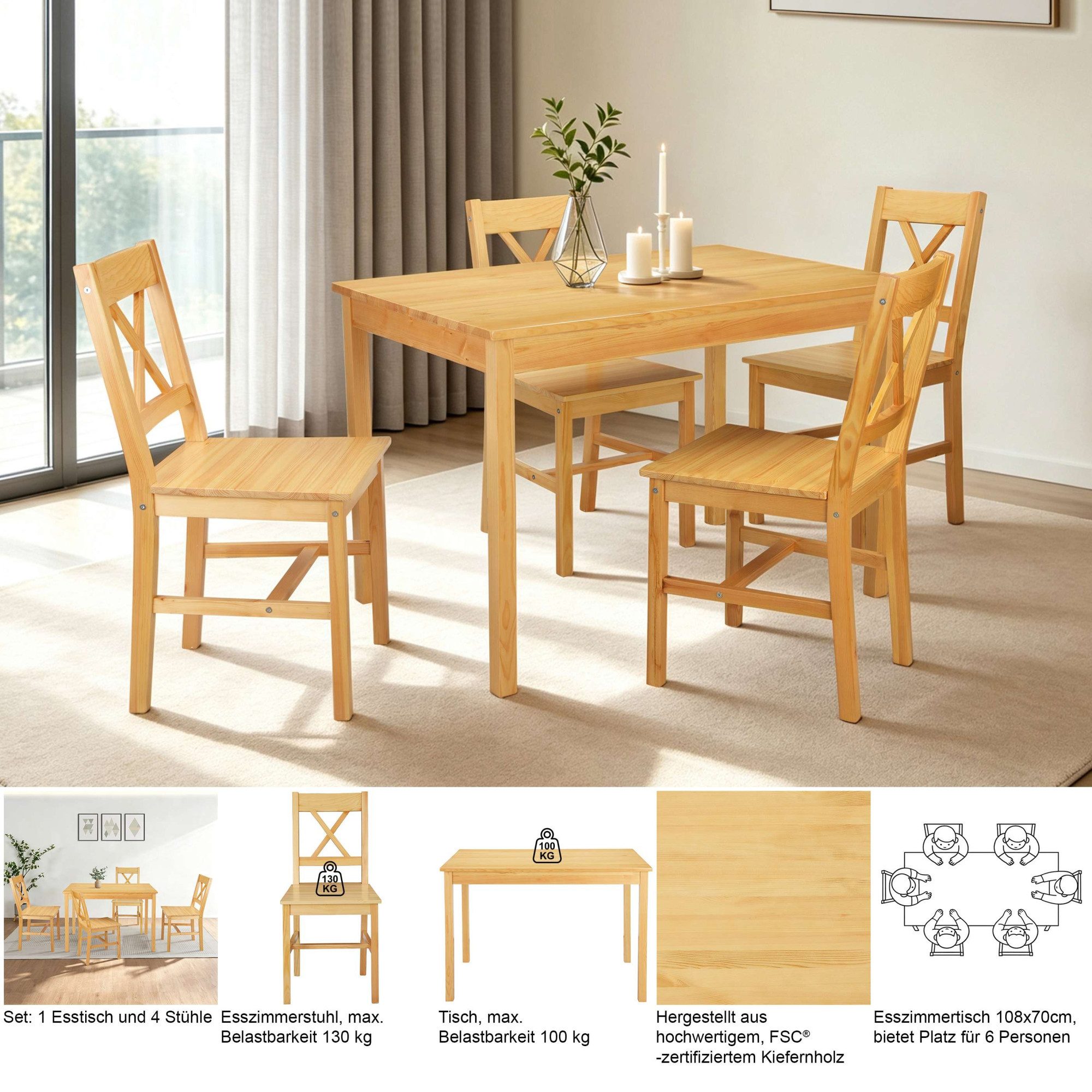 OTTO home Essgruppe Willow, (Set, 5-tlg., Esstisch mit 4 Stühlen), Esstisch mit 4 Stühlen, aus massivem Kiefernholz