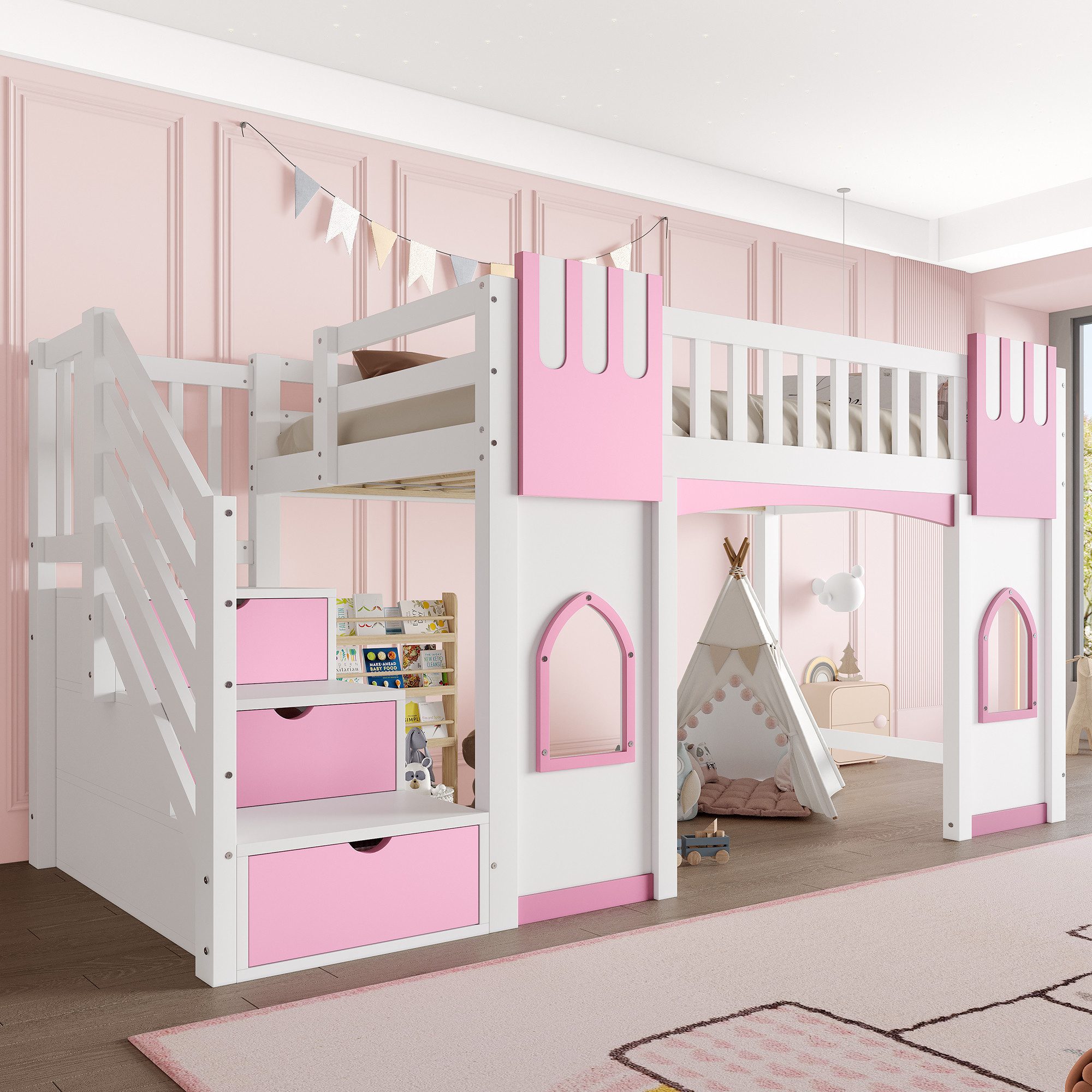Merax Hochbett (Jugendbett Einzelbett, 1-St., Hausbett) Massivholz Kinderbett 90x200cm mit Stauraumtreppe Fenstern & Geländer