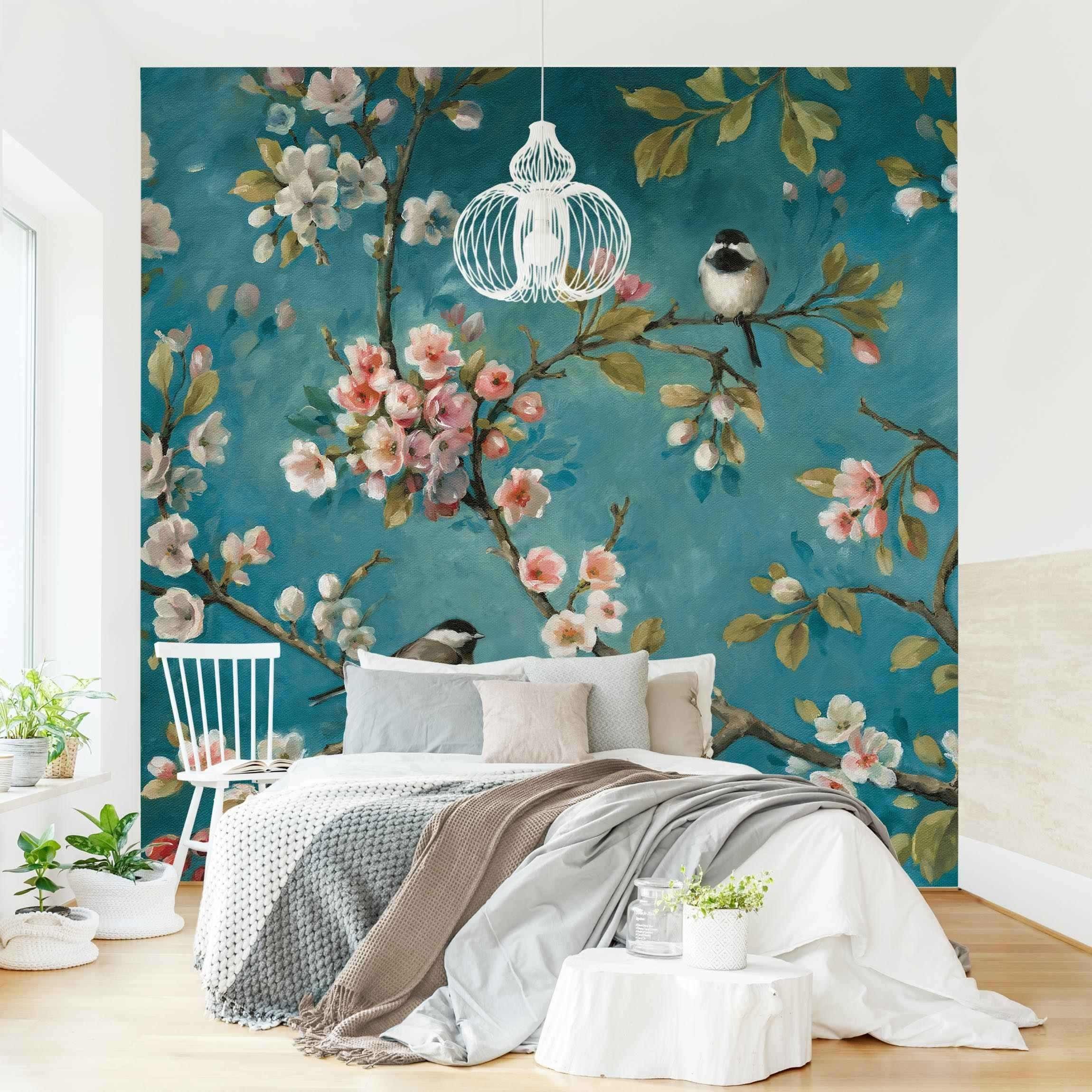 Bilderdepot24 Fototapete Kirschblütenzweige Blumen Floral Kunst Tiere rosa moderne Wanddeko XXL, Glatt, Matt, (Vliestapete inkl. Kleister oder selbstklebend), Wohnzimmer Schlafzimmer Küche Flur Motivtapete Vliestapete Wandtapete