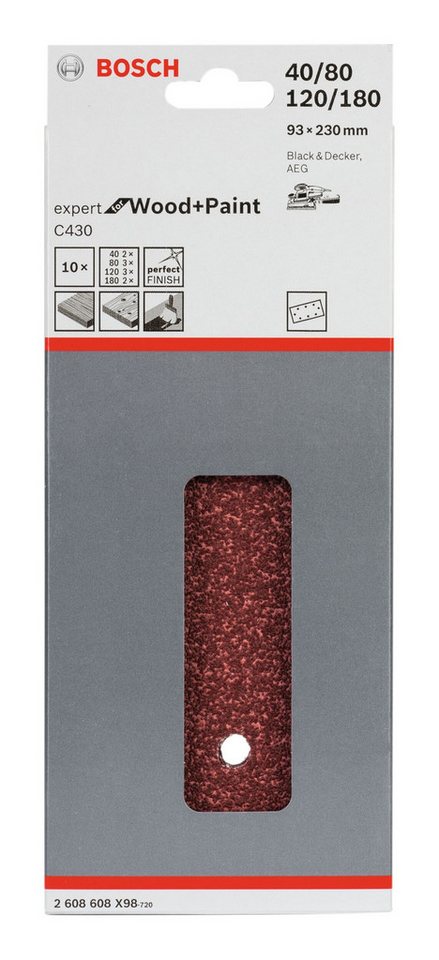 Thumbnail - BOSCH Schleifpapier, (10 Stück), C430 Schleifblatt 8 Löcher K40, 80, 120, 180 - 93 x 230 mm - 10er-Pack