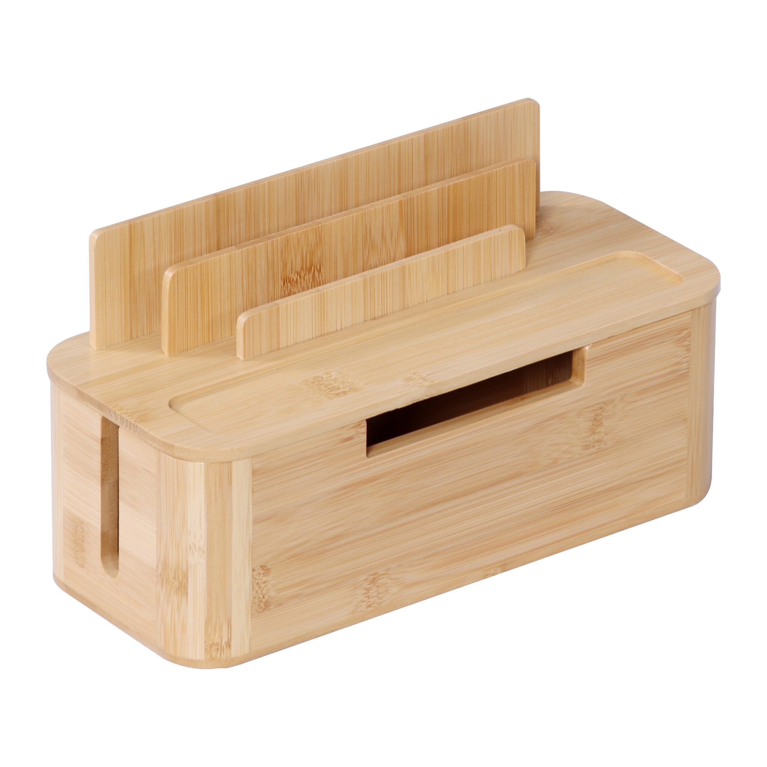 relaxdays Kabelbox mit Handyhalter Bambus