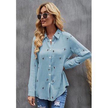 FIDDY Blusentop Damen Bluse Langarm Tunika Shirt V-Ausschnitt Elegant Oberteile Hemd