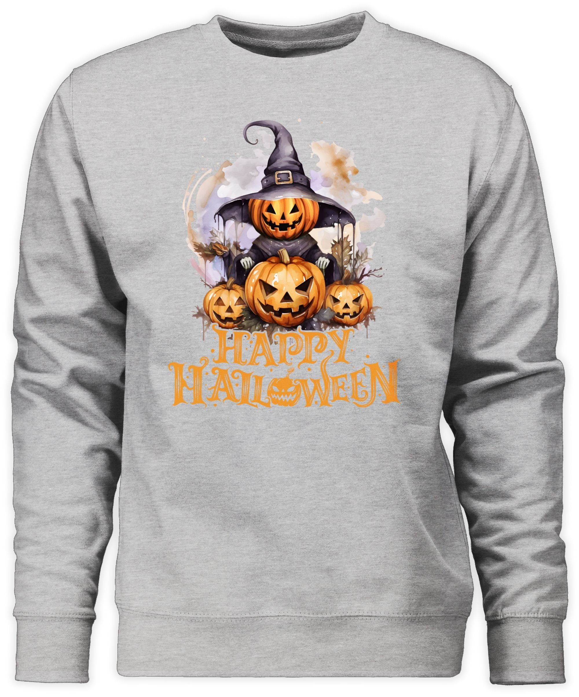 meliert 2 Gruselig Kostüme Grau Kürbis Halloween Hexe Kürbiskopf Halloween (1-tlg) Shirtracer Damen Sweatshirt Happy
