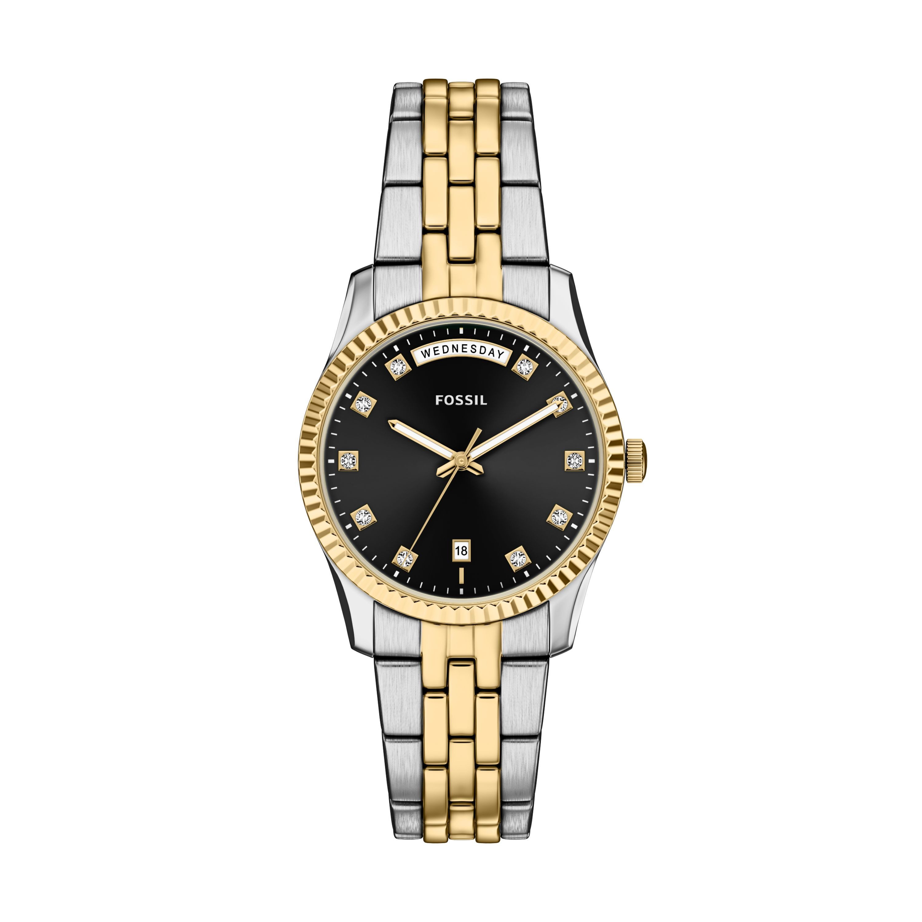 Fossil Quarzuhr Scarlette ES5458, Armbanduhr, Damenuhr, Edelstahlarmband, analog, Tag, Wochentag