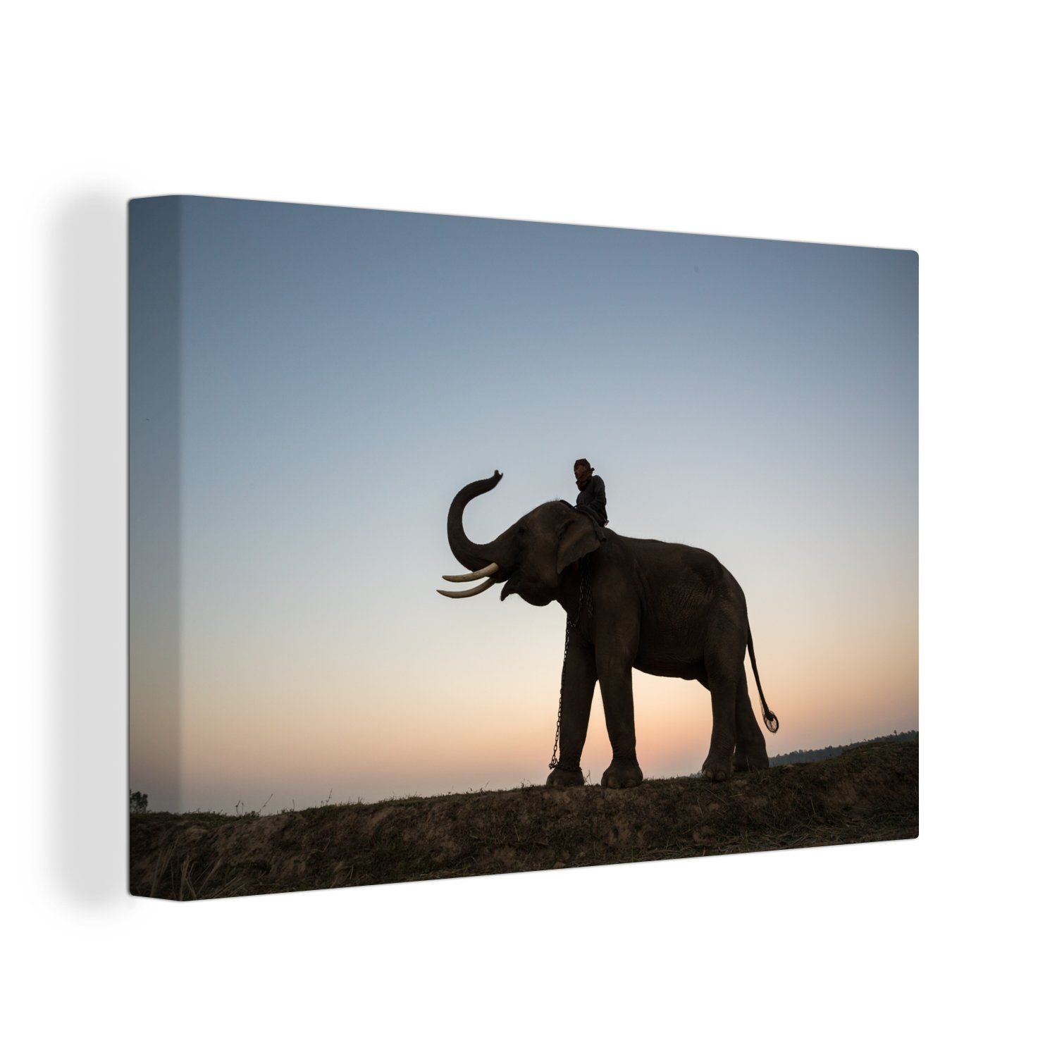 OneMillionCanvasses® Leinwandbild Illustration eines Elefanten mit einem bunten Sonnenuntergang, (1 St), Wandbild Leinwandbilder, Aufhängefertig, Wanddeko, 30x20 cm