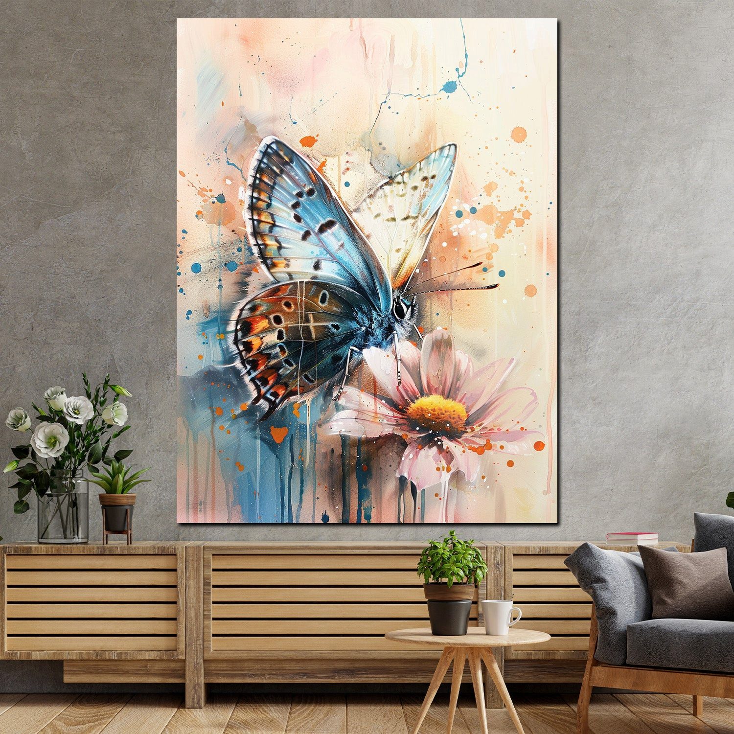 Artedinoi Leinwandbild Schmetterling auf Blume Aquarell Leinwandbild Wandbild XXL Deko, Schmetterling auf Blume