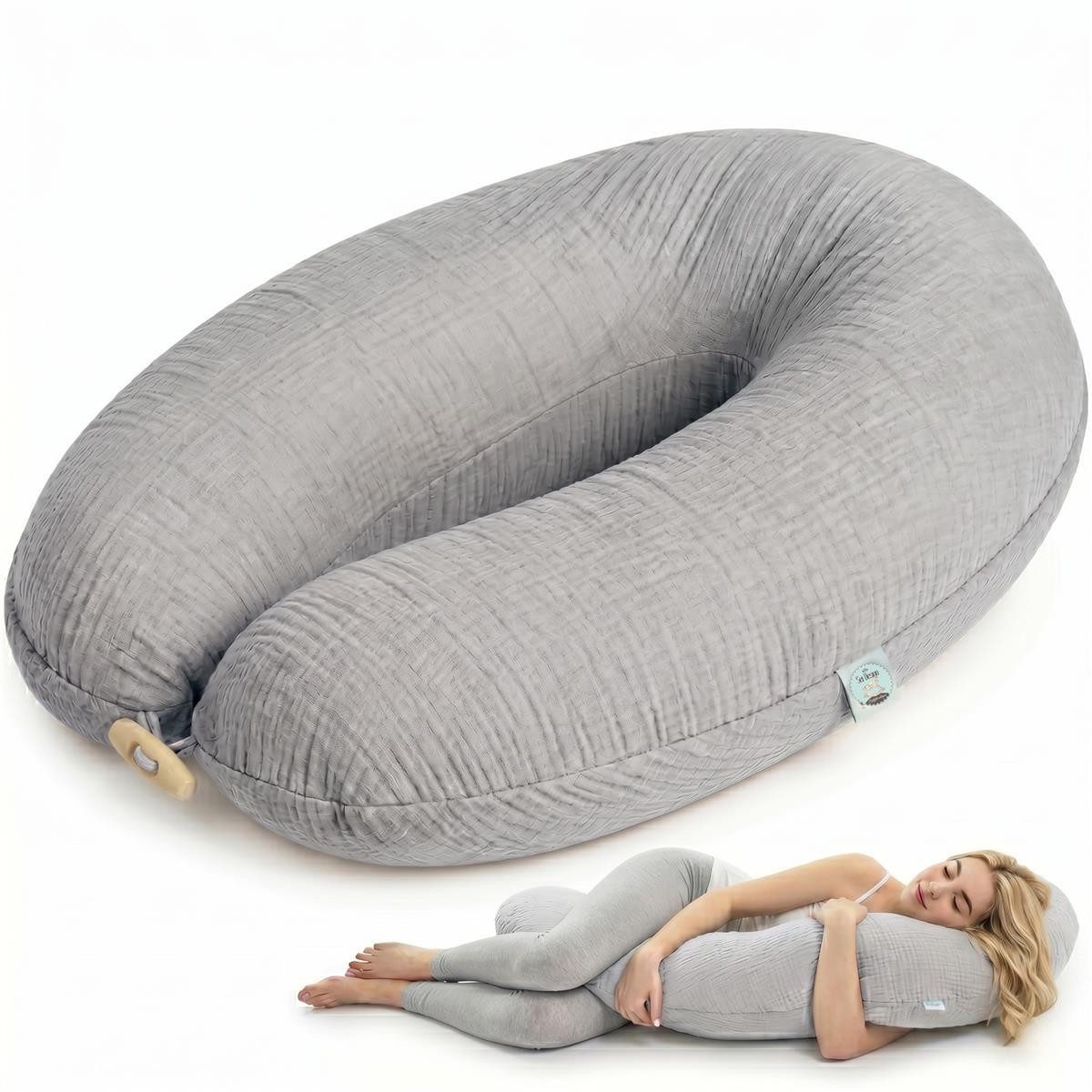 SEI Design Stillkissen Kapok-Füllung XXL 190x35 cm, Musselinbezug Bio-Baumwolle, ergonomisch, Schwangerschaftskissen mit Bezug, Seitenschläferkissen mit Kapok-Füllung, 100% Naturkissen, Musselin-Bezug aus Bio-Baumwolle