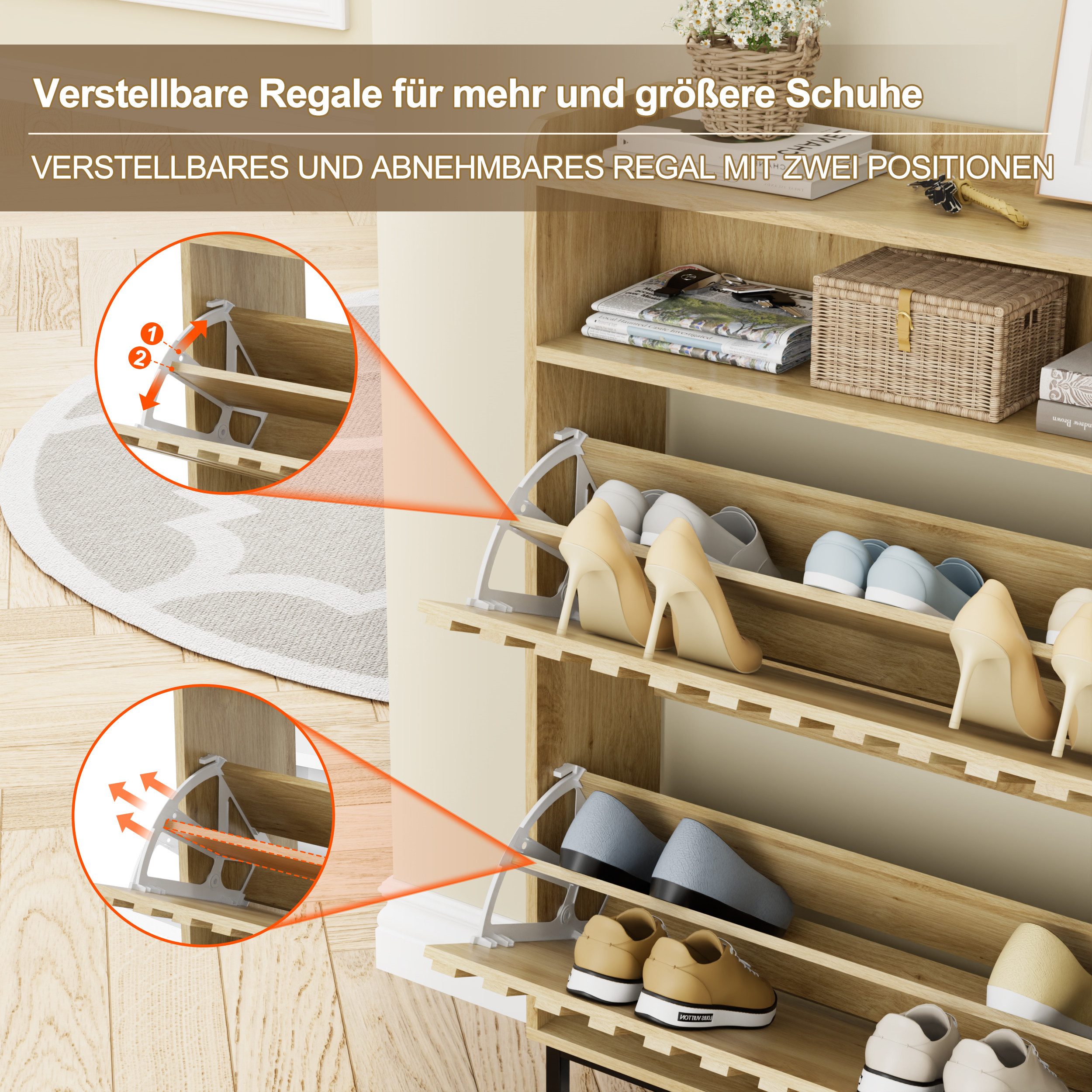 UEV Schuhschrank mit 2 Klappen Schuhregal Schukipper schmal platzsparend (Modern Schuhaufbewahrung mit Oberplatte Platzsparend, Anti-Kipp-Vorrichtung für Eingan – Bild 5 von 5