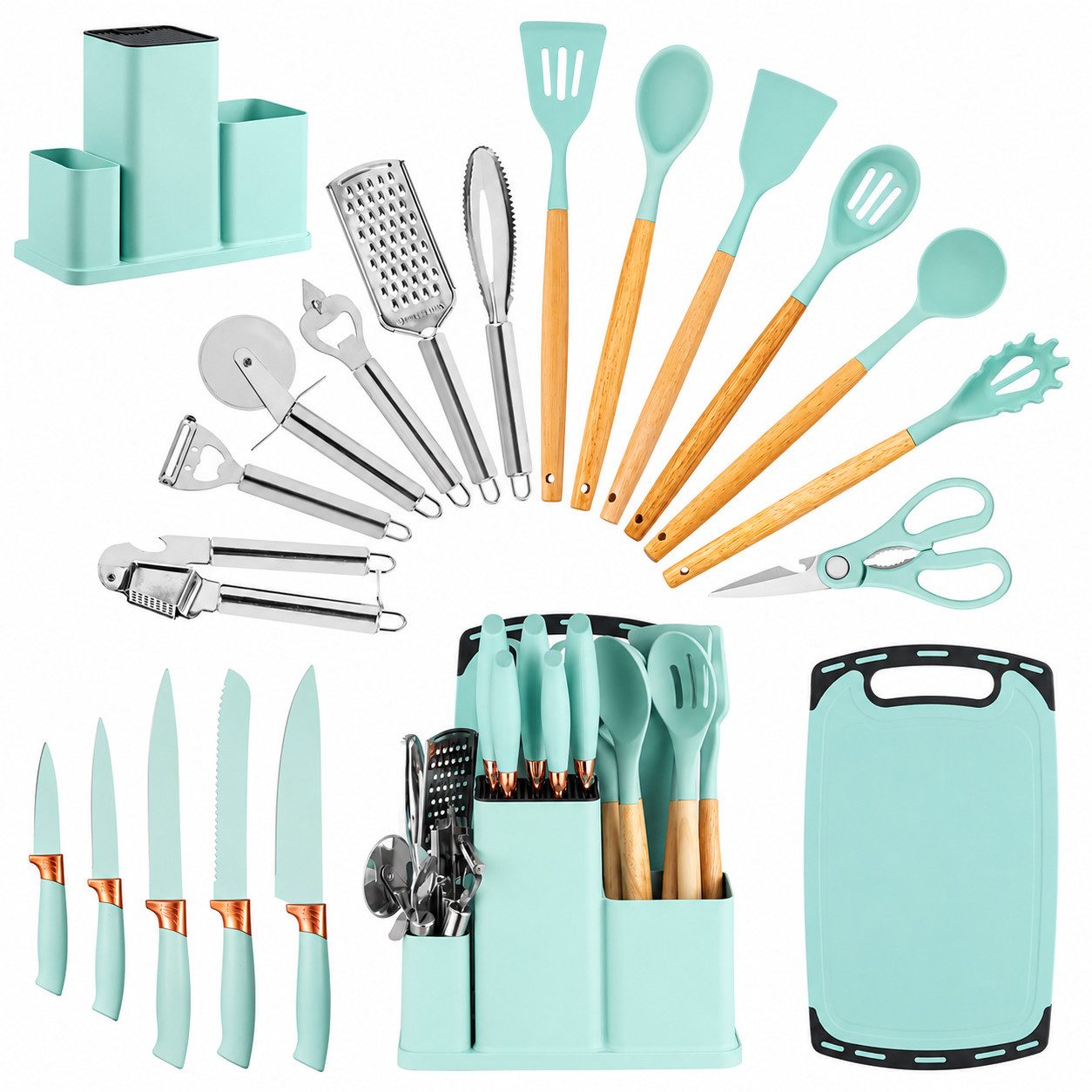 Diyarts Kochbesteck-Set (für beschichtete Pfannen, inklusive Kochmesser, Beige 23-teilig, Grün, Weiß und Schwarz je 20-teilig), Schonende Silikon-Küchenhelfer mit Holzgriffen & Messer im Set