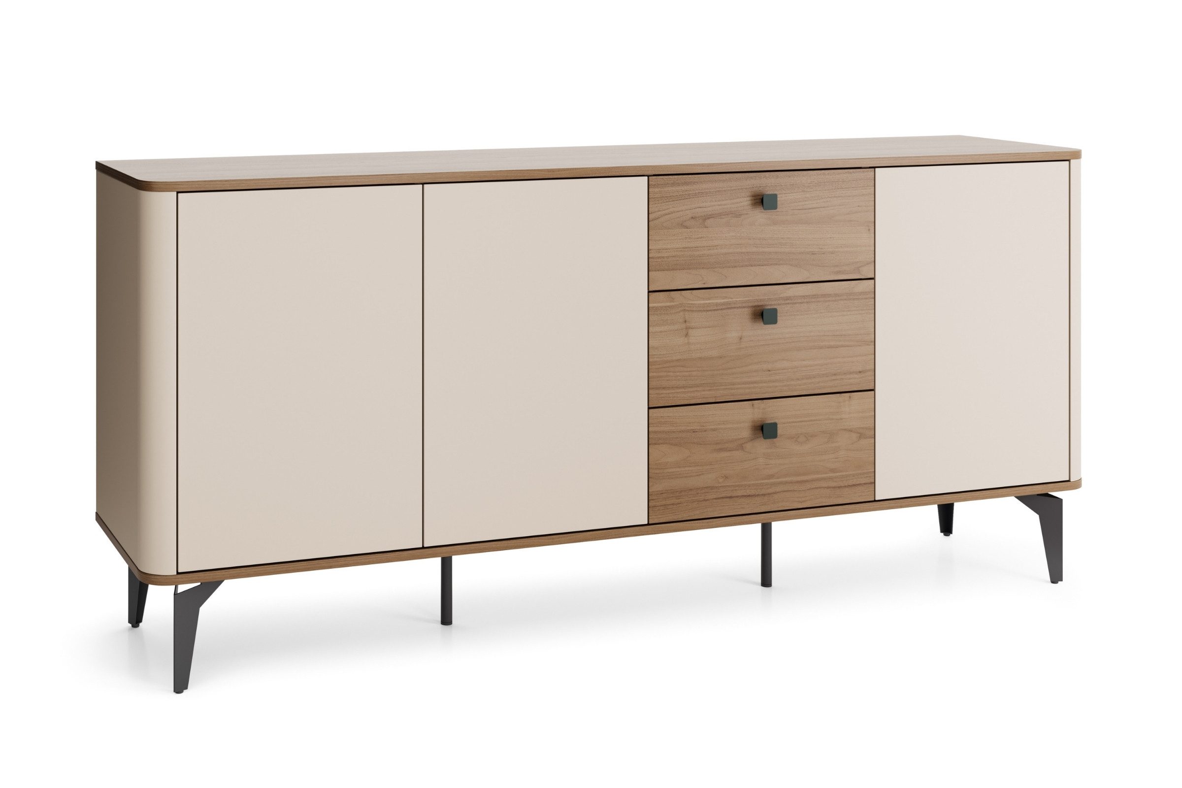 Deine Möbel 24 Kommode AURO 05 Sideboard mit 3 Schubladen, 2 Türen & Einlegeböden (180 cm breit, 1 St., AURO - Kollektion), Soft-Close & Push-to-Open, Metallfüße, Kaschmir/Royal Nussbaum