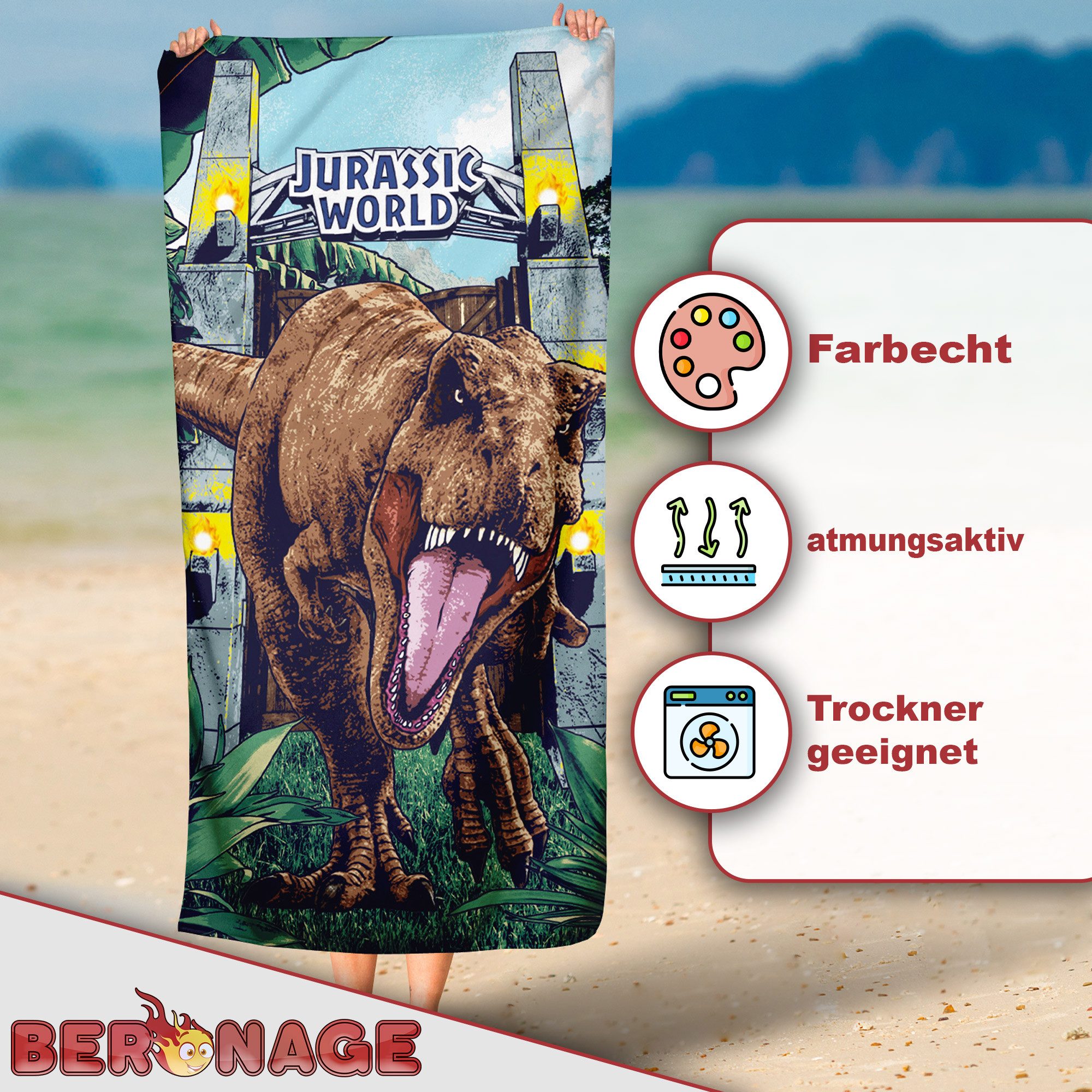 BERONAGE Strandtücher Jurassic World Badetuch T-Rex 60x120 cm, 100% Baumwolle (1-St), Frottee in Velours-Qualität