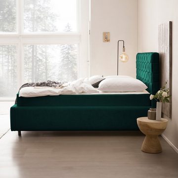 BettCo Stauraumbett Barcelo (in Smaragd Teddystoff, 140 x 200 cm), Bettkasten XXL, optionale Matratze, mit Lattenrost, Runde Metallfüße