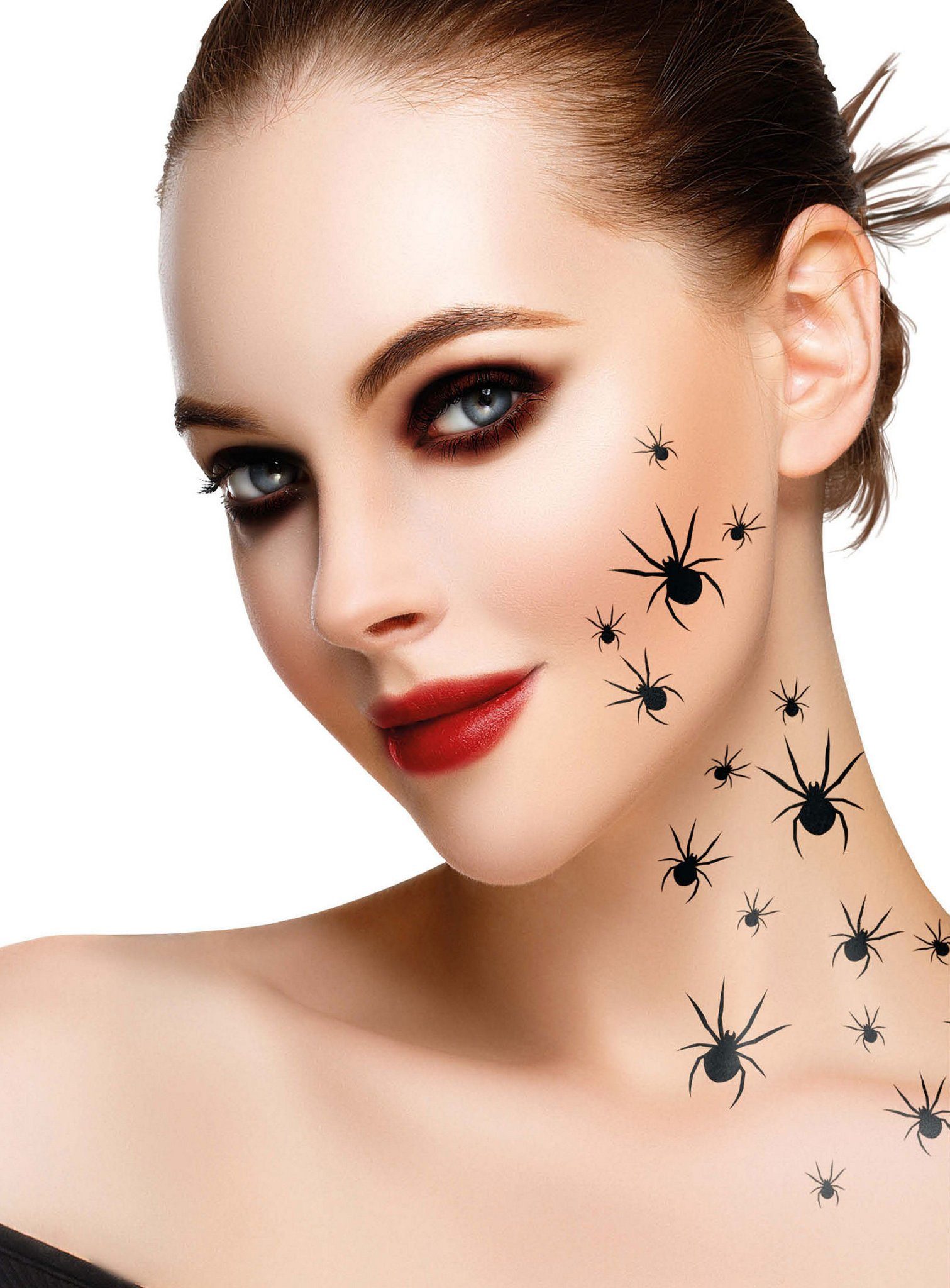 Smiffys Theaterschminke Spinnen Klebetattoo Aufkleber für Halloween Kostüm, Viele kleine Spinnen zum Aufkleben auf die Haut