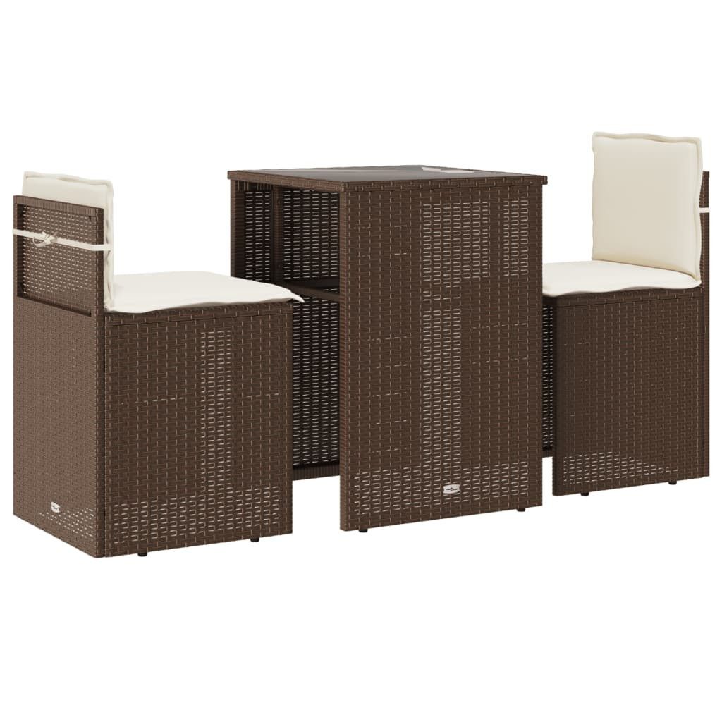 vidaXL Gartenlounge-Set 3-tlg. Bistro-Set mit Kissen Braun Poly Rattan, (1-tlg)