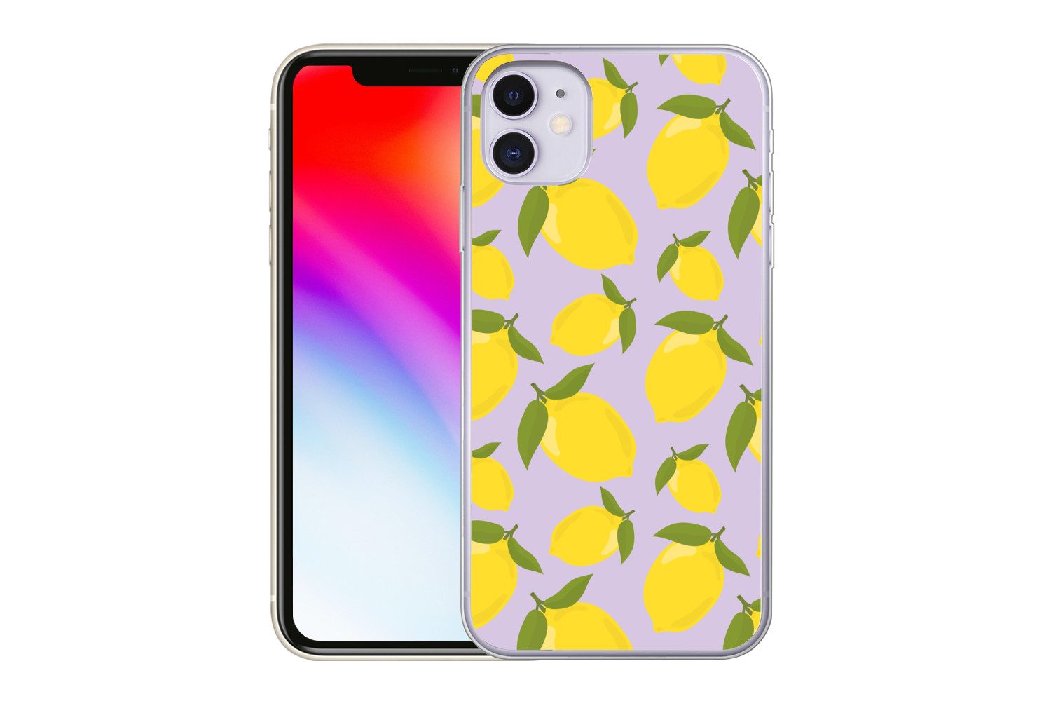 MuchoWow Handyhülle für Apple iPhone 11 Muster Zitronen - Gelb - Lila - Muster - Früchte, Smartphone-Bumper, Print, Handy Schutzhülle Dünn