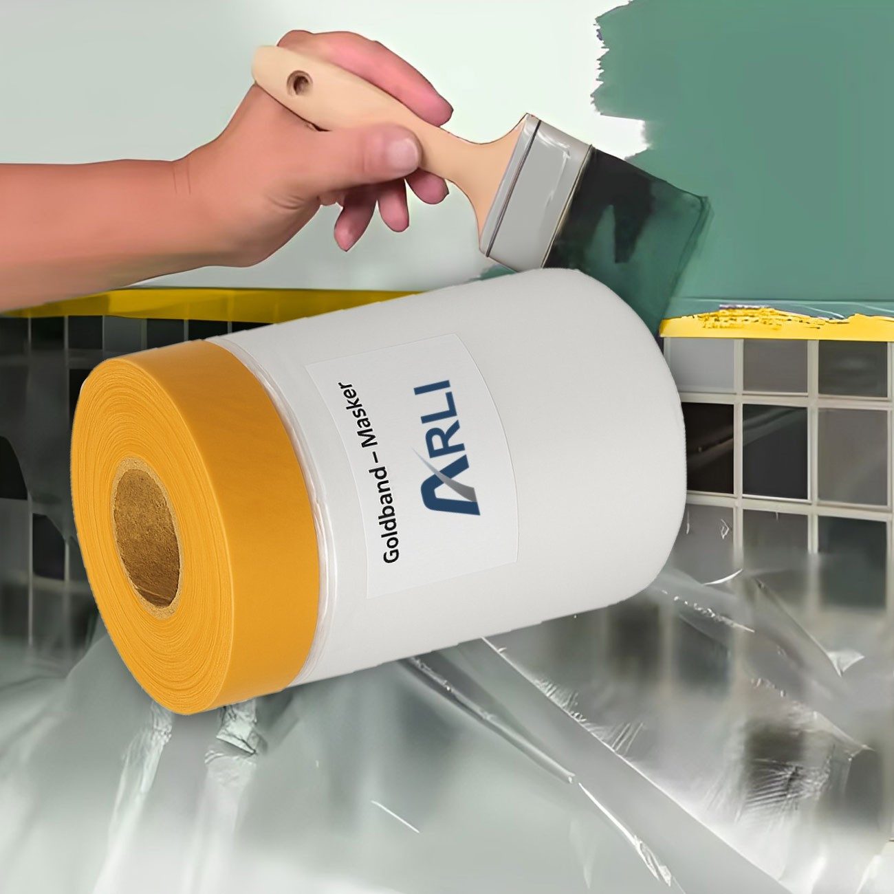 ARLI Abdeckfolie 10x Goldband Masker 550 mm x 25 m, 0,01 mm Stärke, für Malerfolie, Abdeckfolie mit Klebeband, (10er, 10-St., Set), HDPE Folie mit Washi Tape für Abdeckarbeiten
