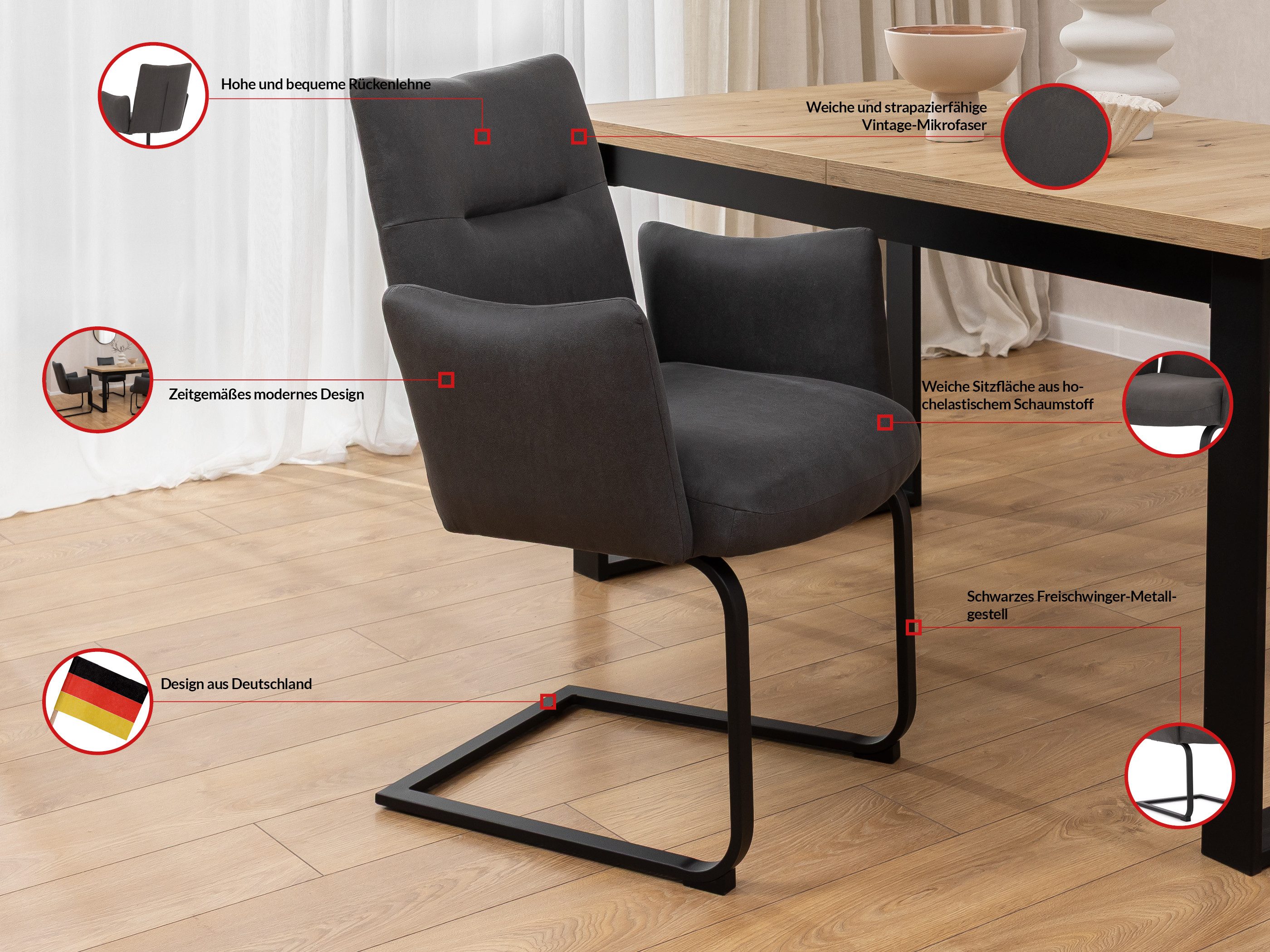 S-Style Möbel Polsterstuhl Hera aus Mikrofaser Anthrazit mit Freischwinger-Gestell aus Metall