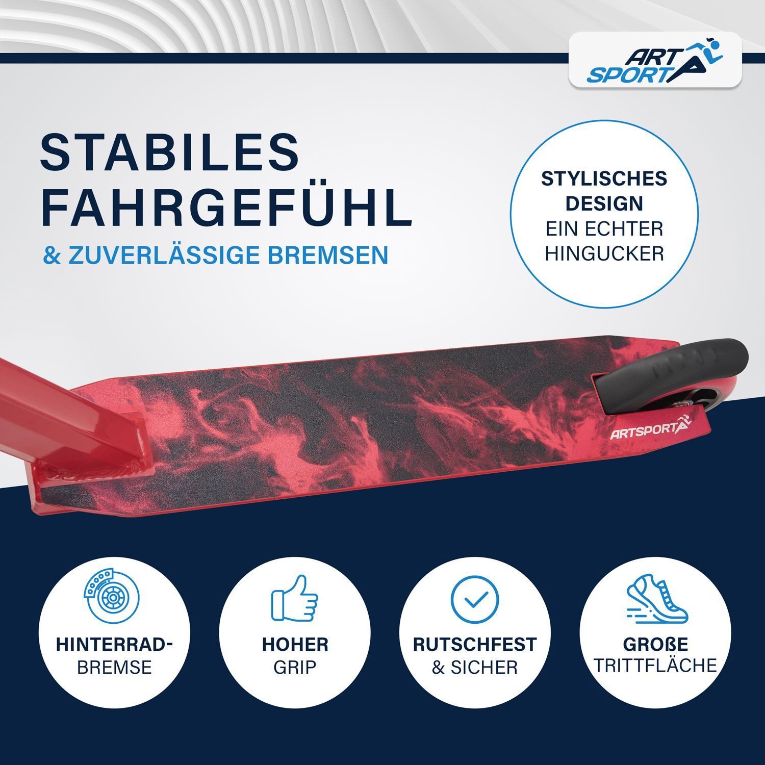 ArtSport Stuntscooter Red Smoke, Alu Core, 360°-Lenker mit TPR-Grips, stabil und leicht