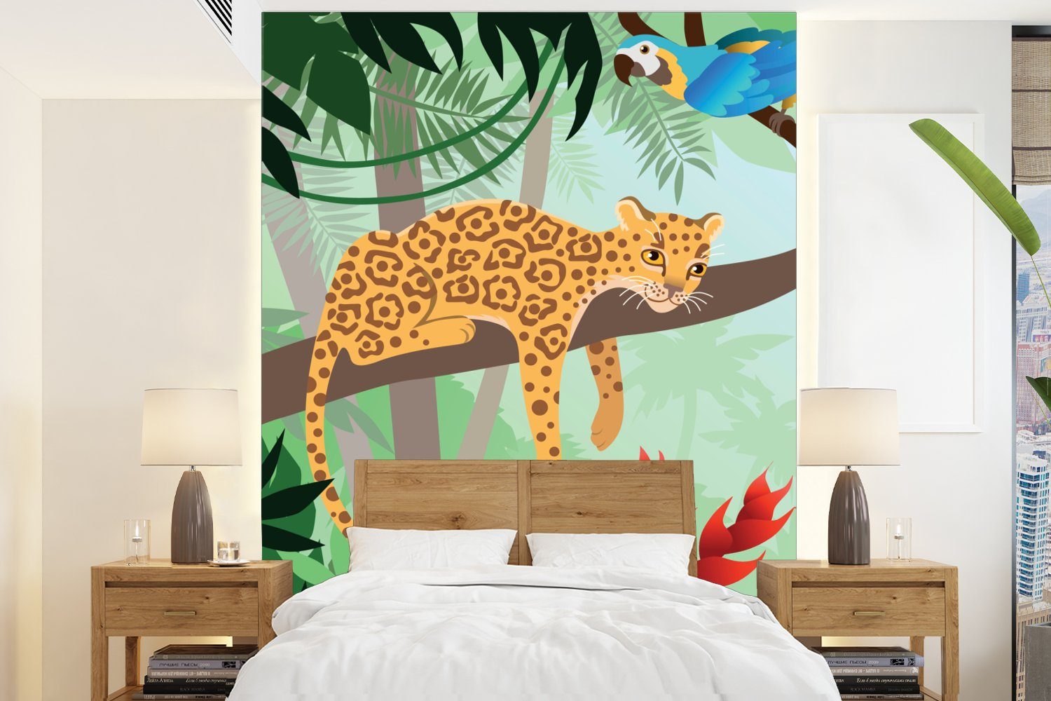 MuchoWow Fototapete Dschungeltiere - Tukan - Jungen - Mädchen - Leopard, Matt, bedruckt, (4 St), Montagefertig Vinyl Tapete für Wohnzimmer, Wandtapete