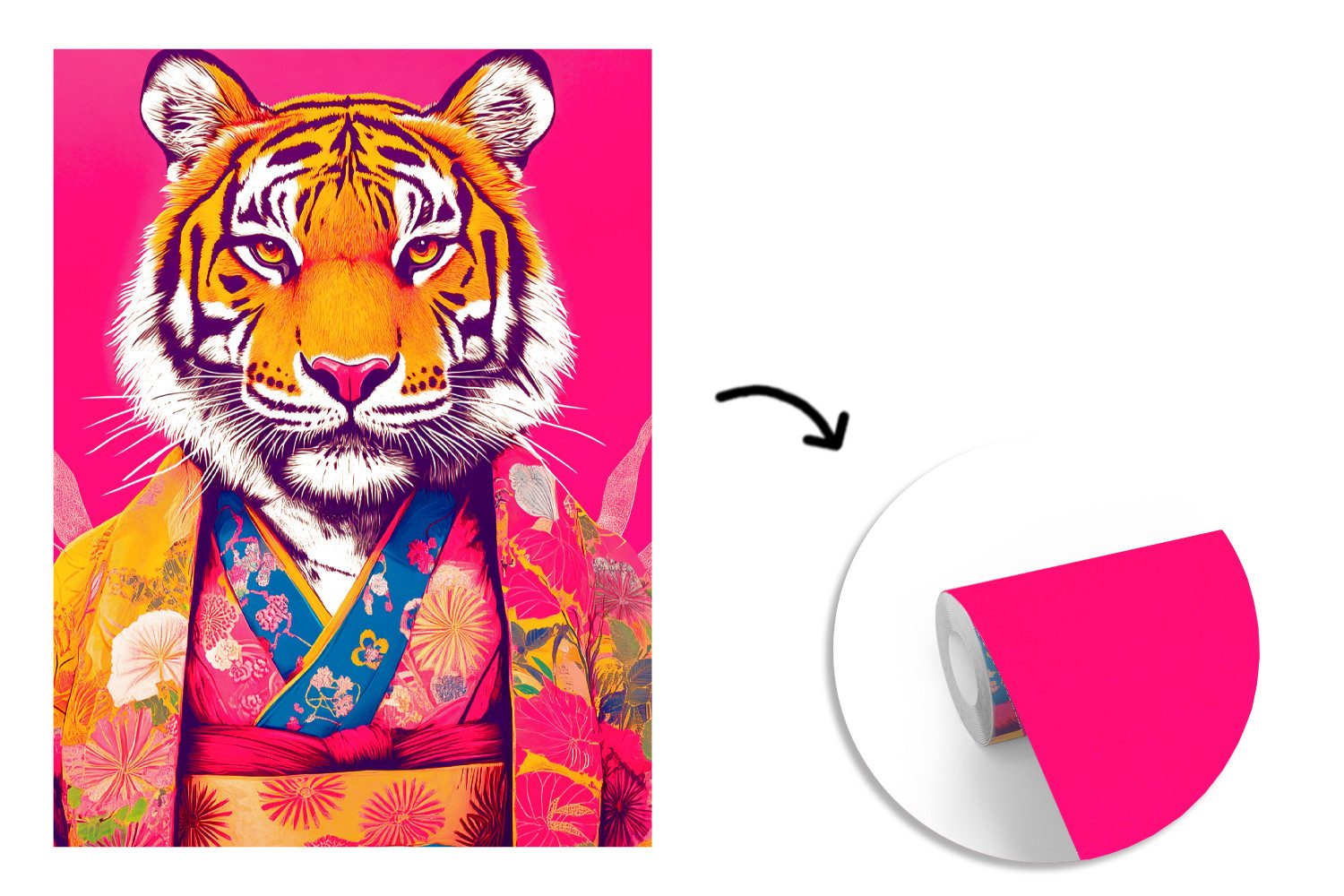 MuchoWow Fototapete Tiger - Kimono - Pflanzen - Rosa, Matt, bedruckt, Wallpaper für Wohnzimmer, Schlafzimmer, Vinyl Tapete, 165x220 cm