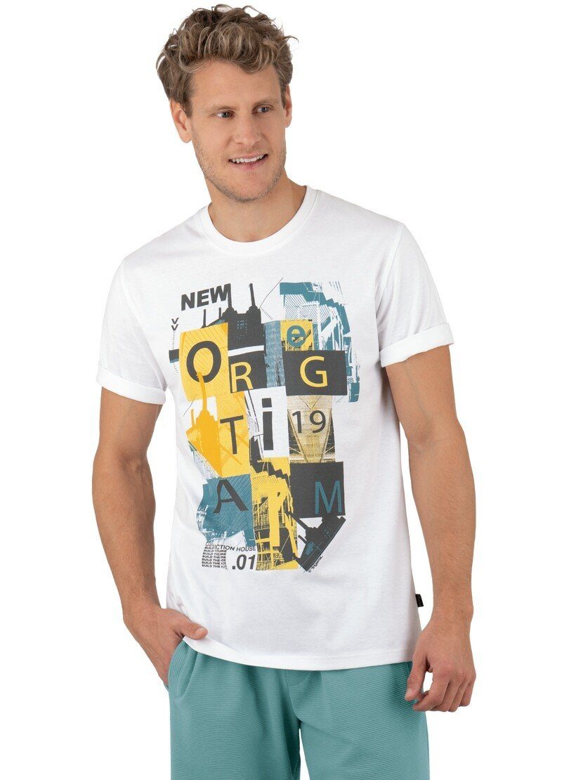 Trigema T-Shirt TRIGEMA T-Shirt mit modischem Druckmotiv weiss