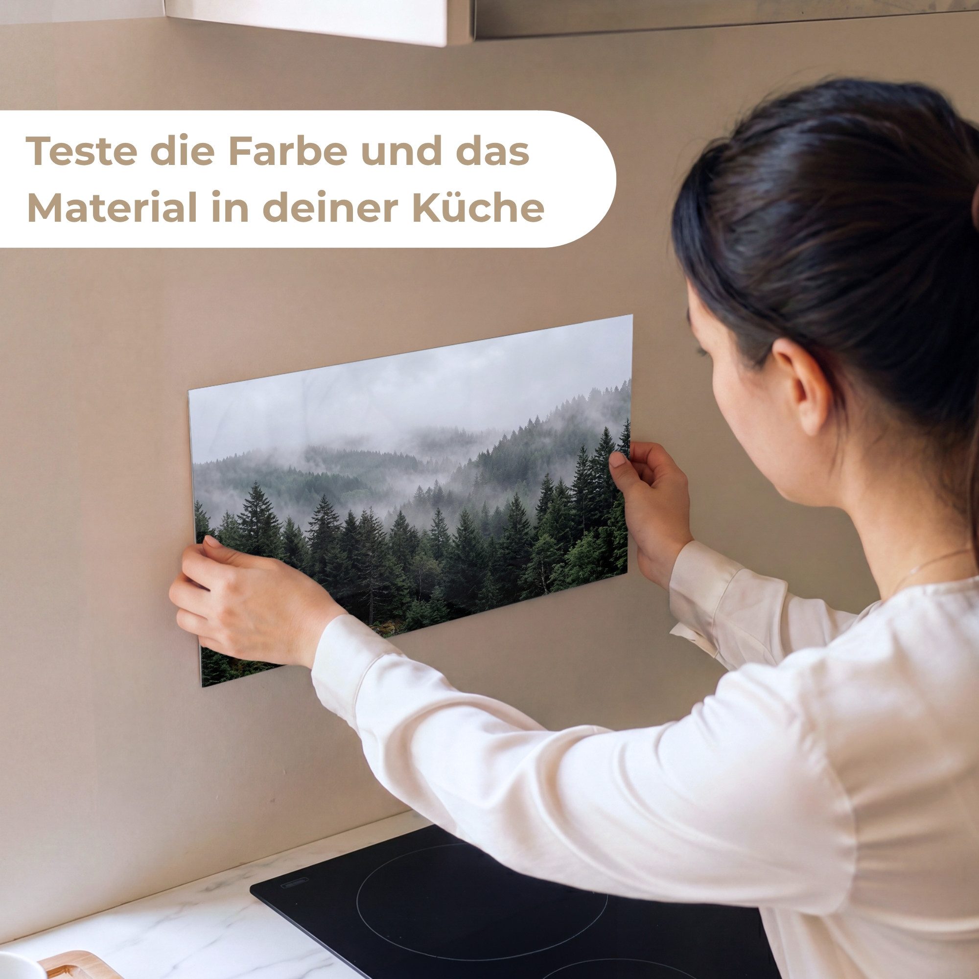 KitchenYeah Küchenrückwand Muster selbstklebend (keine Folie) Wald - Nebel - Bäume - Natur, (1-tlg), Spritzschutz, Küche, Rückwand, Küchenwand, Küchenfront, 30x20 cm
