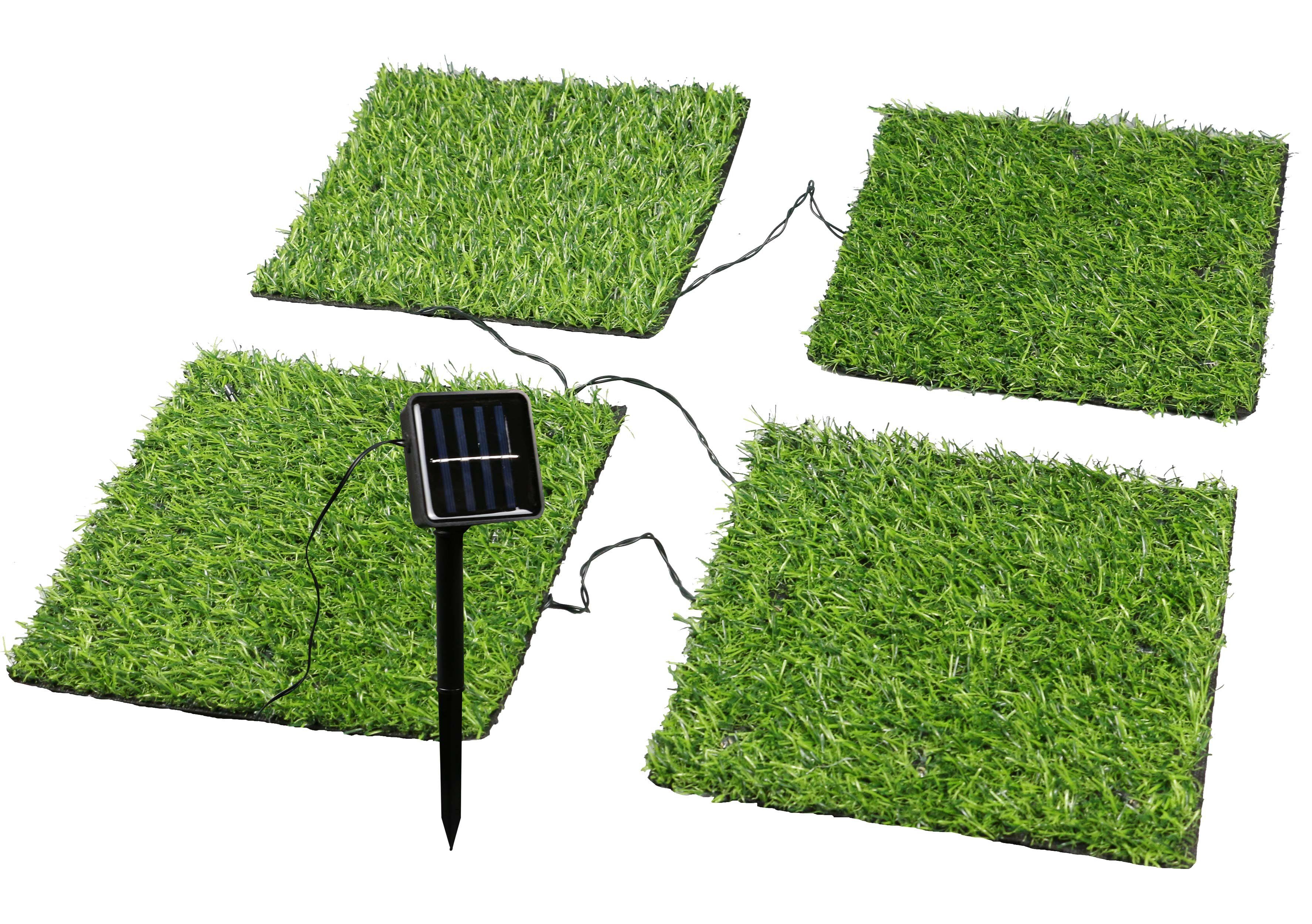 IC Gardenstyle LED Solarleuchte LED Solar Bodenlichterkette im Grasplatten-Design, 32 warm-weiße LEDs, Set aus 4 Kunstrasenplatten, kabellos, 2 Leuchtmodi, Einschaltautomatik