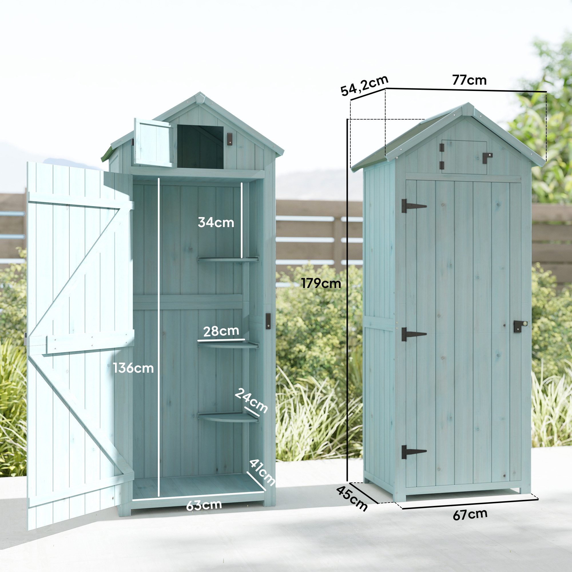 Outsunny Gerätehaus Geräteschrank, Schuppen mit Fachböden, Asphaltdach, Fenster, BxT: 77x54.2 cm, (Geräteschuppen, 1 St., Gartenschrank), für Garten, Hellblau+Grün