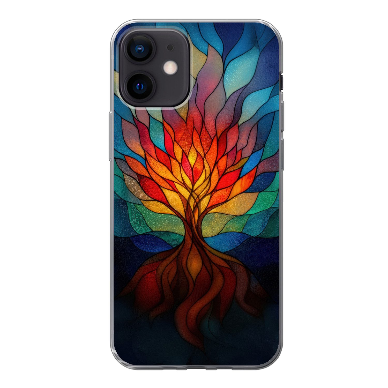 MuchoWow Handyhülle für Apple iPhone 12 Ornamentales Glas - Baum - Rot - Wohnungen, Smartphone-Bumper, Print, Handy Schutzhülle Dünn