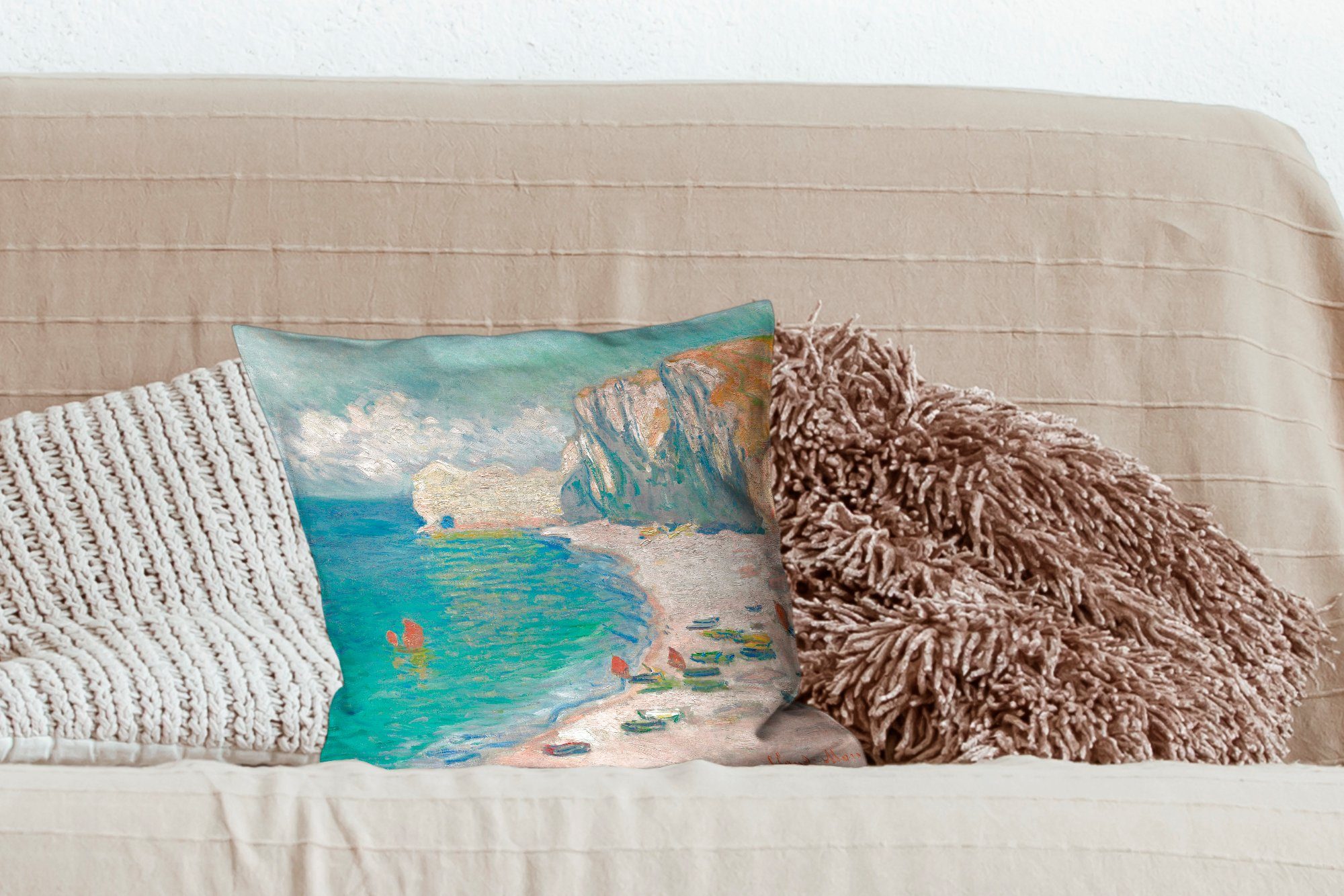 Monet, Strand von die Schlafzimmer, Wohzimmer, Dekokissen Zierkissen mit Der MuchoWow - Deko, Gemälde für d'Amont Claude Sofakissen und Füllung Falaise