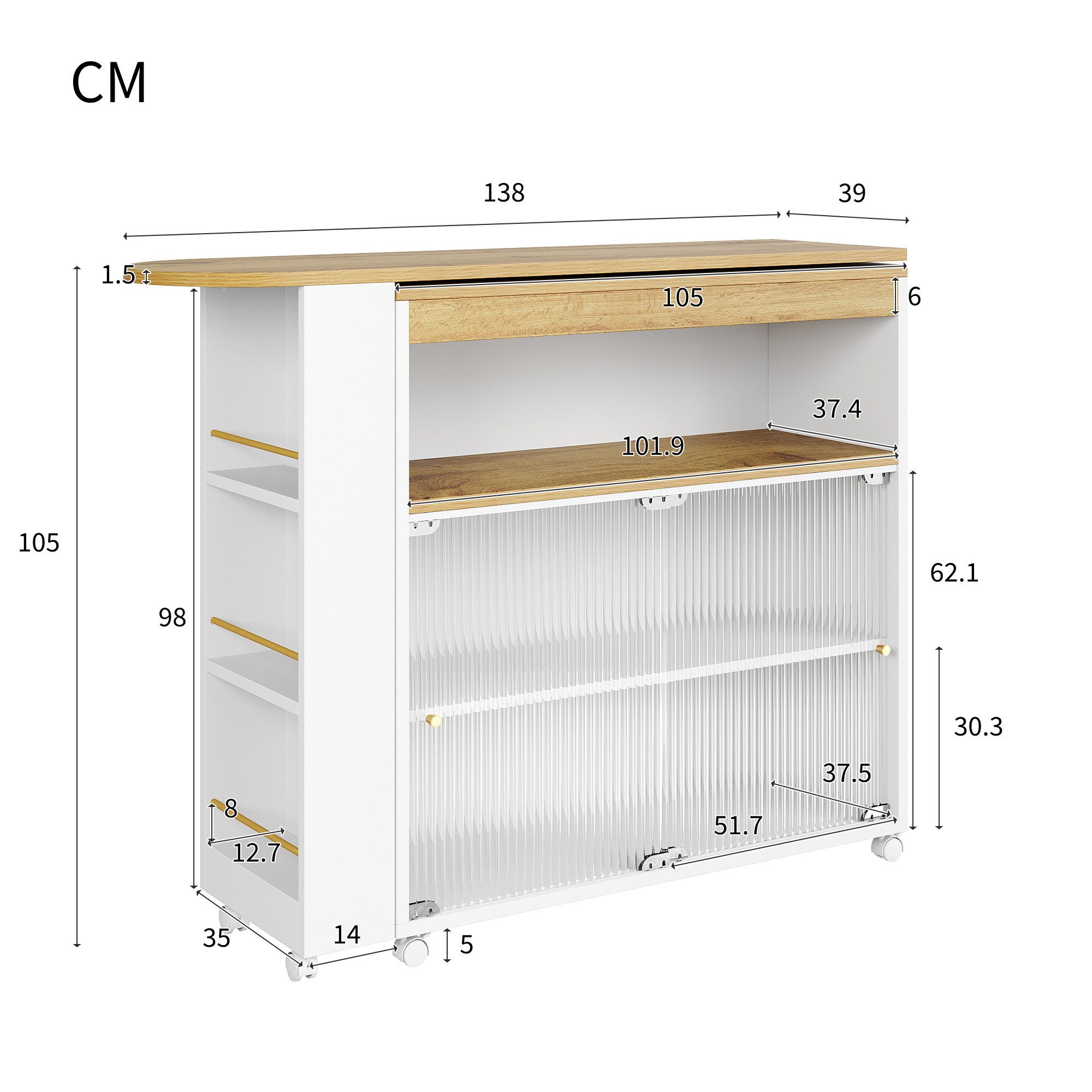 Flieks Bartisch (360° Drehung, 1-St., mit LED-Beleuchtung), ausziehbar Stehtisch drehbar Sideboard Esstisch Küchenwagen Anricht