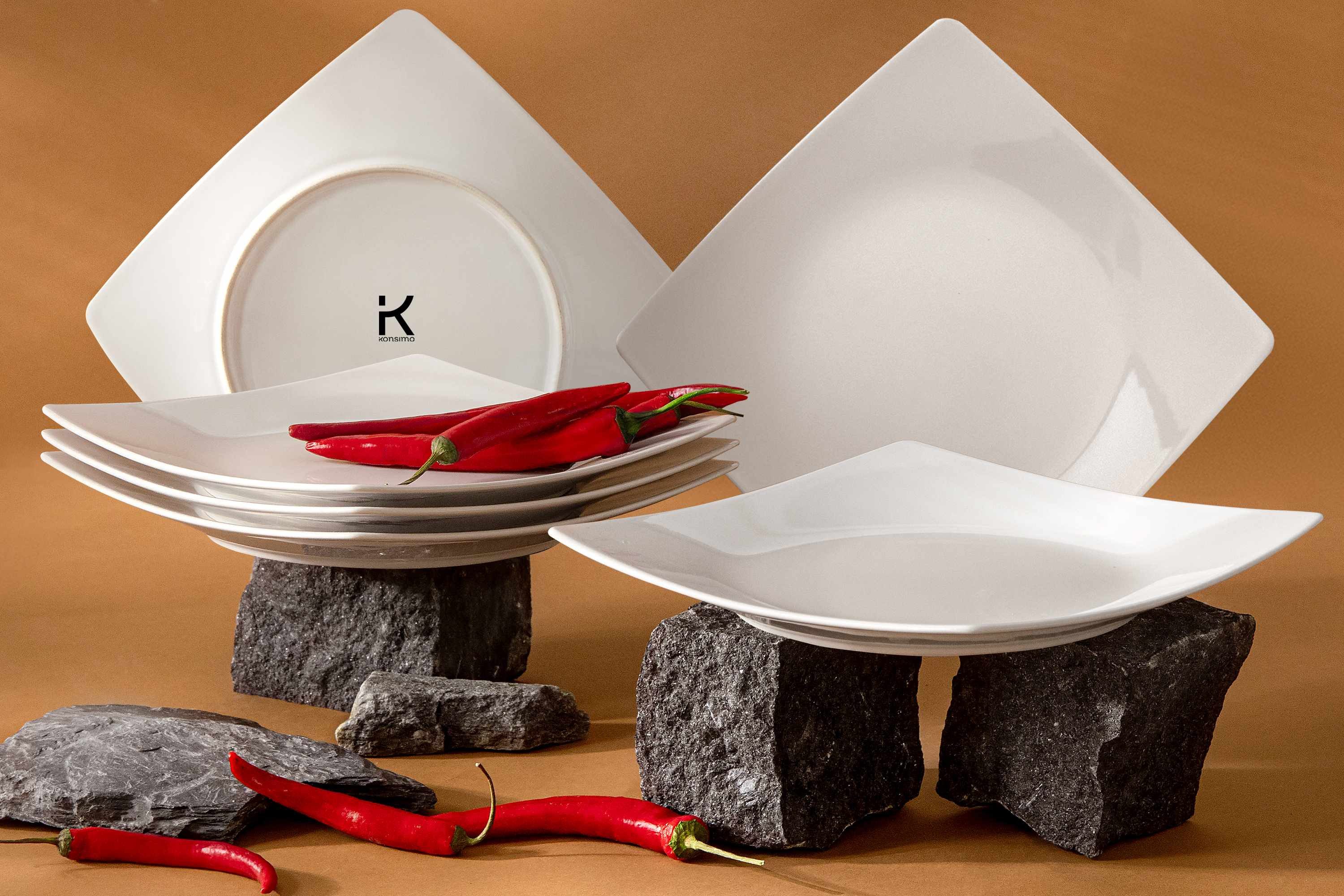 KONSIMO® Teller-Set EPIRI Geschirrset Speiseteller 6 Personen, hergestellt in der EU (6-tlg), 6 Personen, Keramik, quadratisch, Spulmachinen- und Mikrowellengeeignet