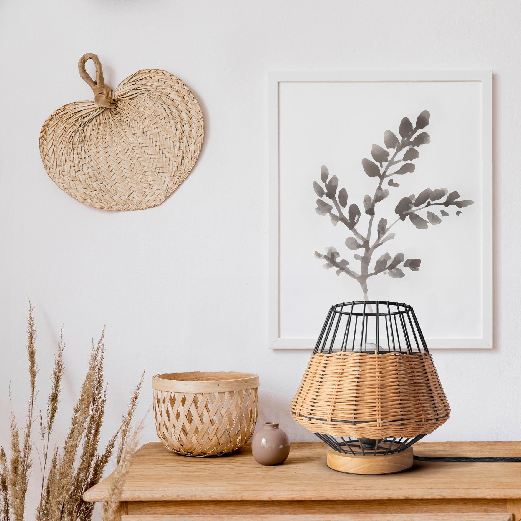 ohne Tischleuchte PUNTO, Nacht E27 Lampe Rustikal Boho Leuchtmittel, Style Rattan Home Käfig Holz Paco LED