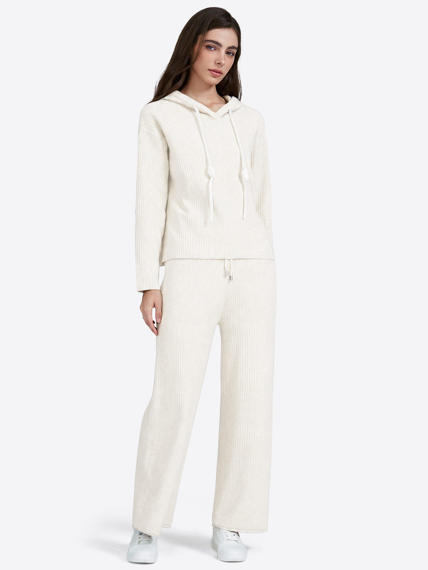 Imily Bela Hausanzug Damen Gemütliches Strick‑Set (Set, 2 tlg., Strickoberteil mit Kapuze + locker sitzende Hose mit Kordelzug) in Unifarbe