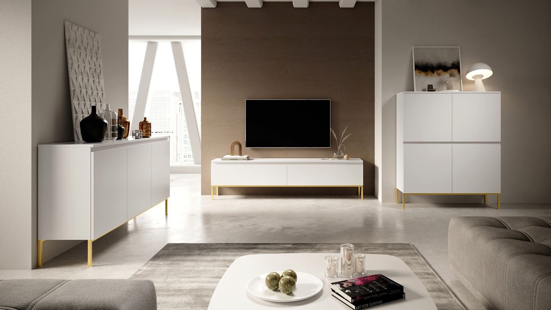 Selsey Sideboard BEMMI, 3-türig mit 6 Fächern, goldenem Metallgestell, grifflos