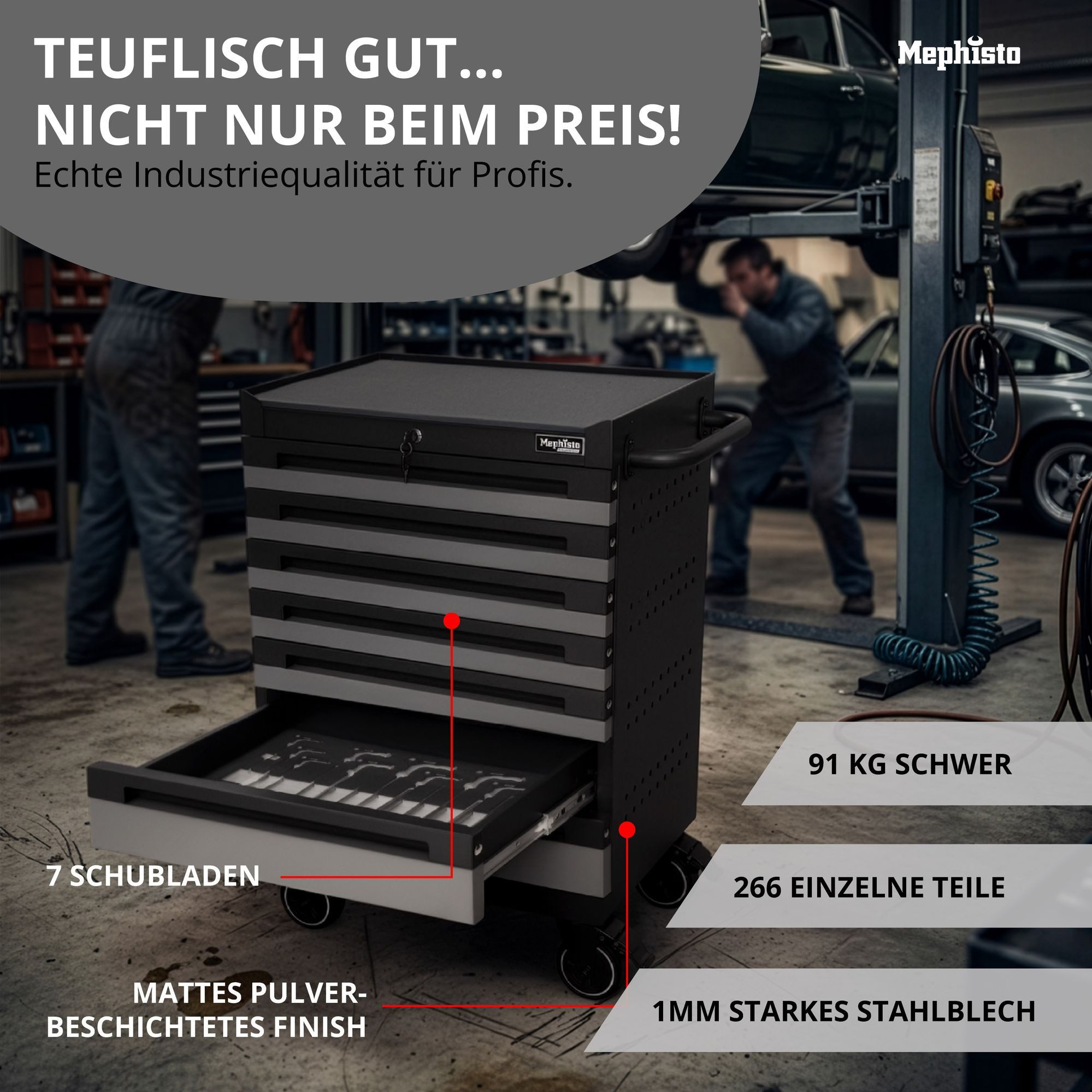 Mephisto-Tools Werkzeugwagen, (fertig montiert und bestückt), 7 Schubladen abschließbar & bis zu 40 kg belastbar, 2 Schlüssel inkl.