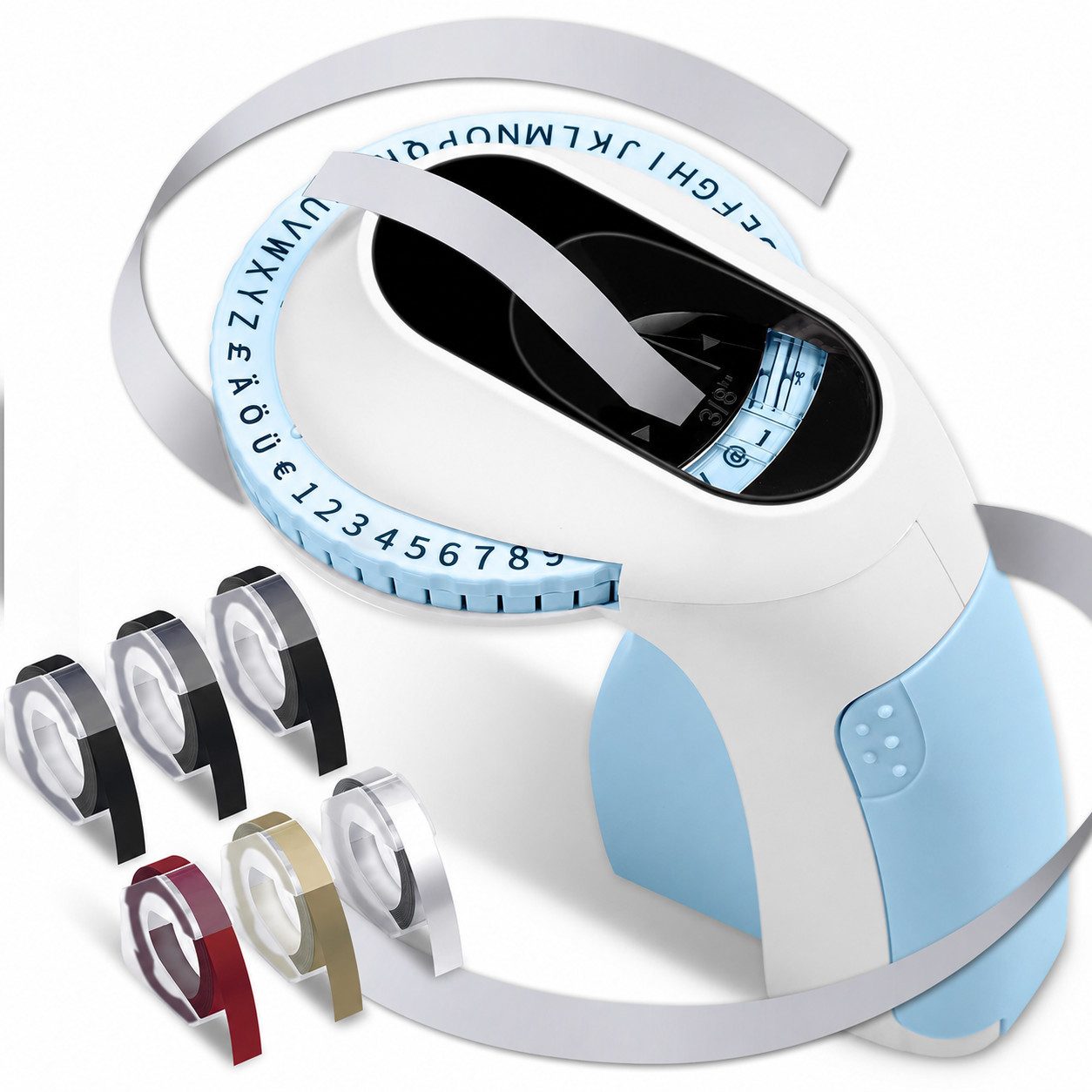 MOPUEA Tragbarer Etikettendrucker, 6-Rollen-Material, 3D-Druck, Handheld Etikettendrucker, (3D-Etiketten, wasserfest, einfach zu bedienen, „drehen und klicken)