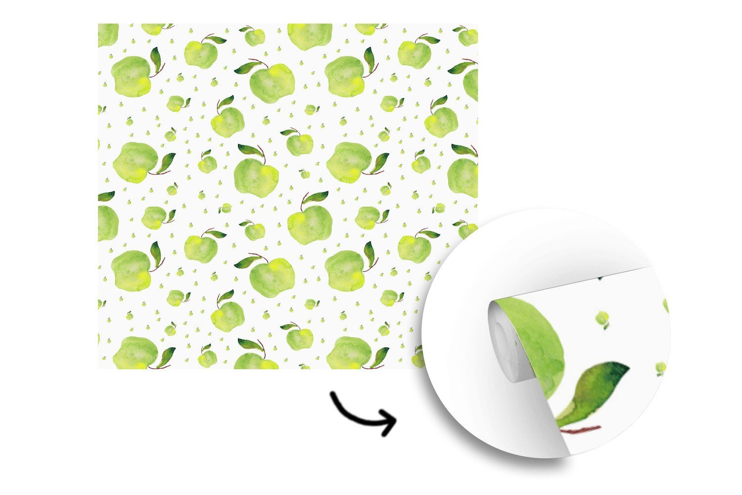 (5 Grün Tapete Vinyl Äpfel Wandtapete - für oder MuchoWow Fototapete bedruckt, St), Matt, Wohnzimmer Weiß, - Schlafzimmer,