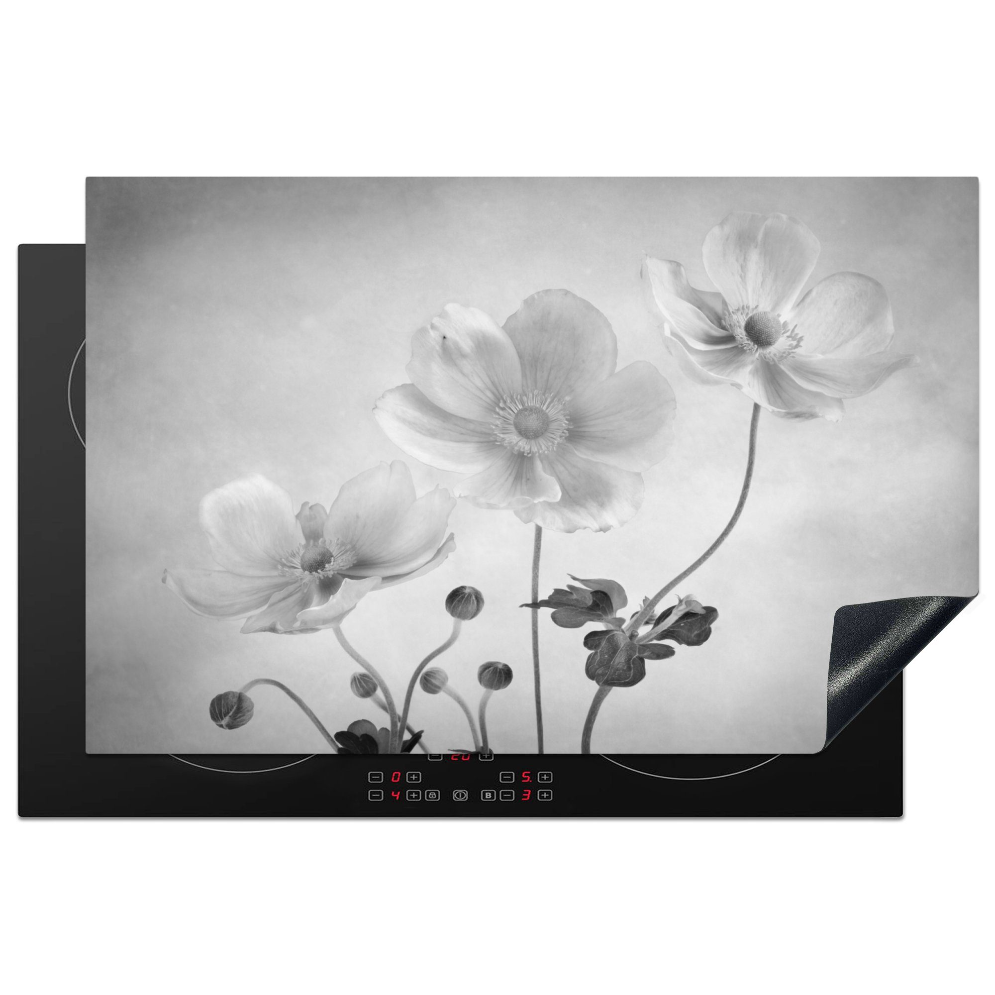 MuchoWow Herdblende-/Abdeckplatte Stilleben - Schwarz und Weiß - Blumen, Vinyl, (1 tlg), 81x52 cm, Induktionskochfeld Schutz für die küche, Ceranfeldabdeckung