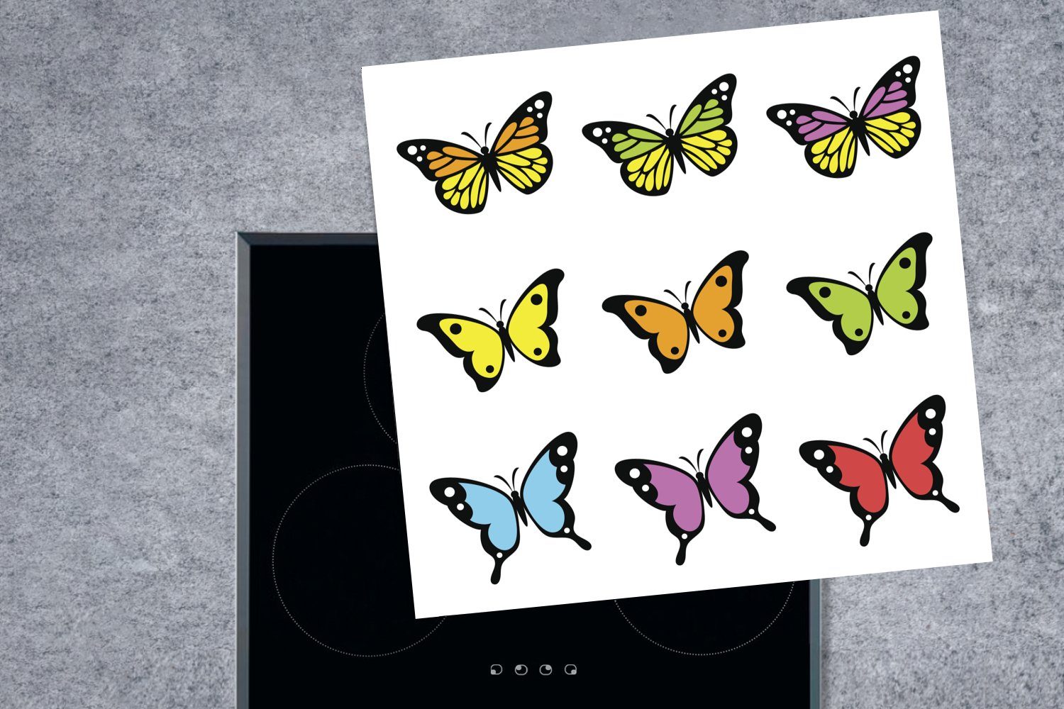 weißen, einem Herdblende-/Abdeckplatte 78x78 von küche Arbeitsplatte Vinyl, tlg), Eine (1 auf Ceranfeldabdeckung, cm, Illustration neun MuchoWow Schmetterlingen für